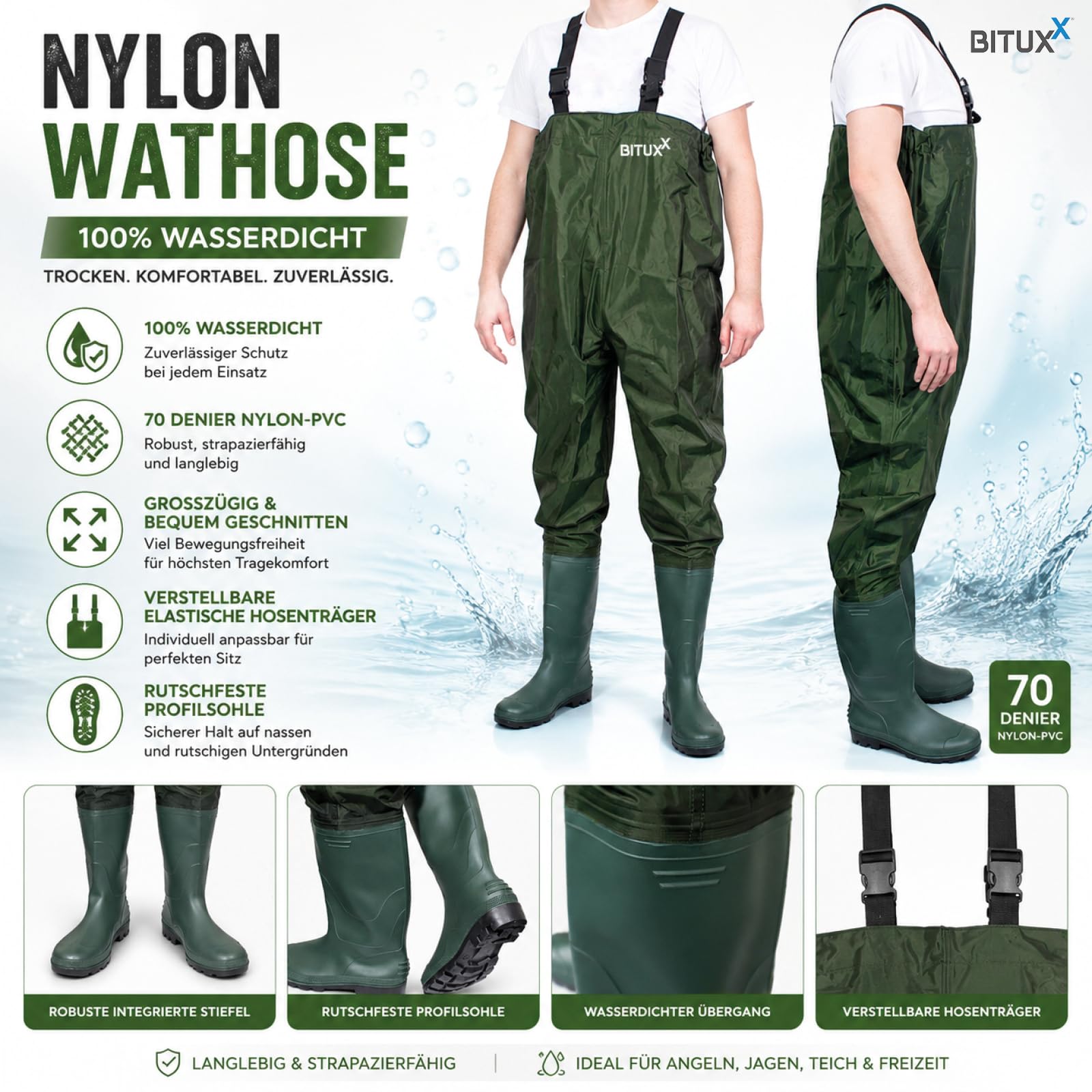 Wathose Anglerhose Watstiefel Watt Fisch Teich Gummi PVC Nylon Gr. 47