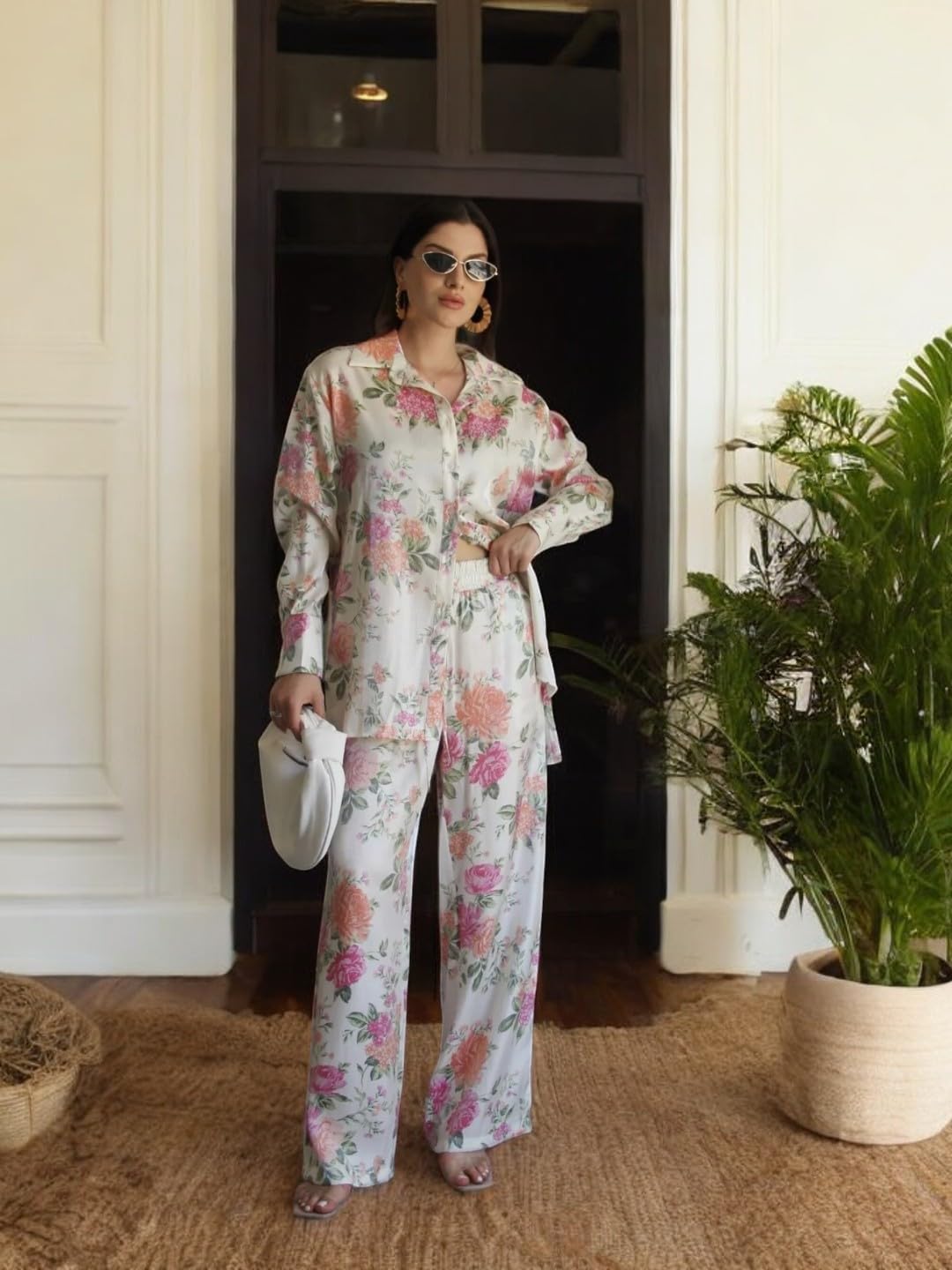 Gufrina Women's Co-Ords Set - Floral Print Shirt With Front Open Button And Wide-Leg Pants, Full Sleeves, Rayon Fabric (Pink Xl)