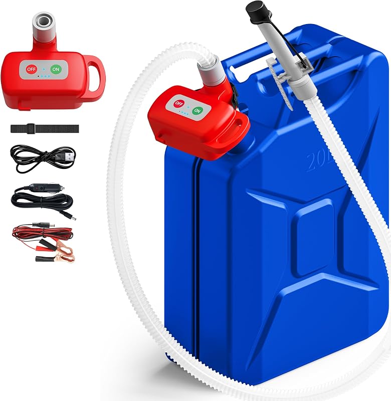 Rechargeable Fuel Transfer Pump with Auto-Stop, 3.4 GPM Leak Protection | Automatic Gas Can Pump with 71" Extra Long Hose, Portable Gas Transfer Pump for Oil, Diesel, Gasoline (Lithium Battery Power)