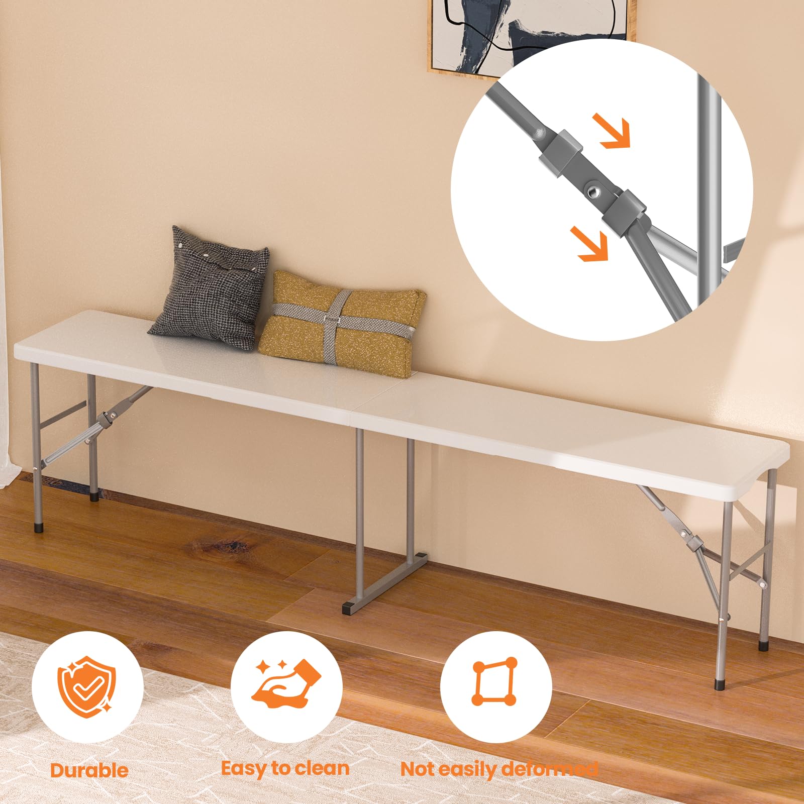 Banco plegable de 6 pies, banco de plástico plegable con asa y mesa de polietileno de alta densidad suave, asiento de picnic portátil en exteriores, camping, comedor, paquete de 2, color blanco 4