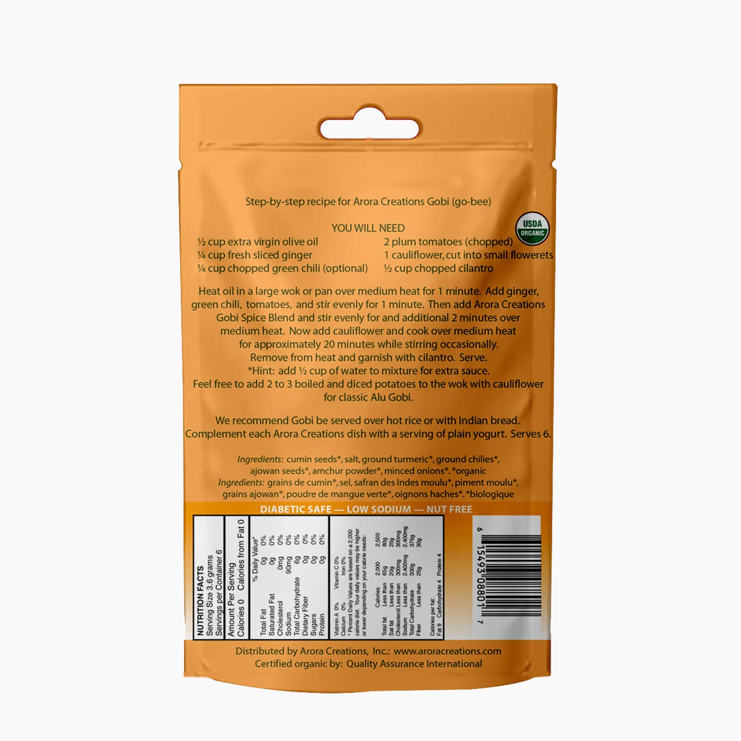 Vegan Organic Gobi Cauliflower Indian Spice Blend - Arora Creations 0.8oz (6-Pack) | Gluten Free, Non-GMO, Low Sodium | Easy to Cook Indian At Home!