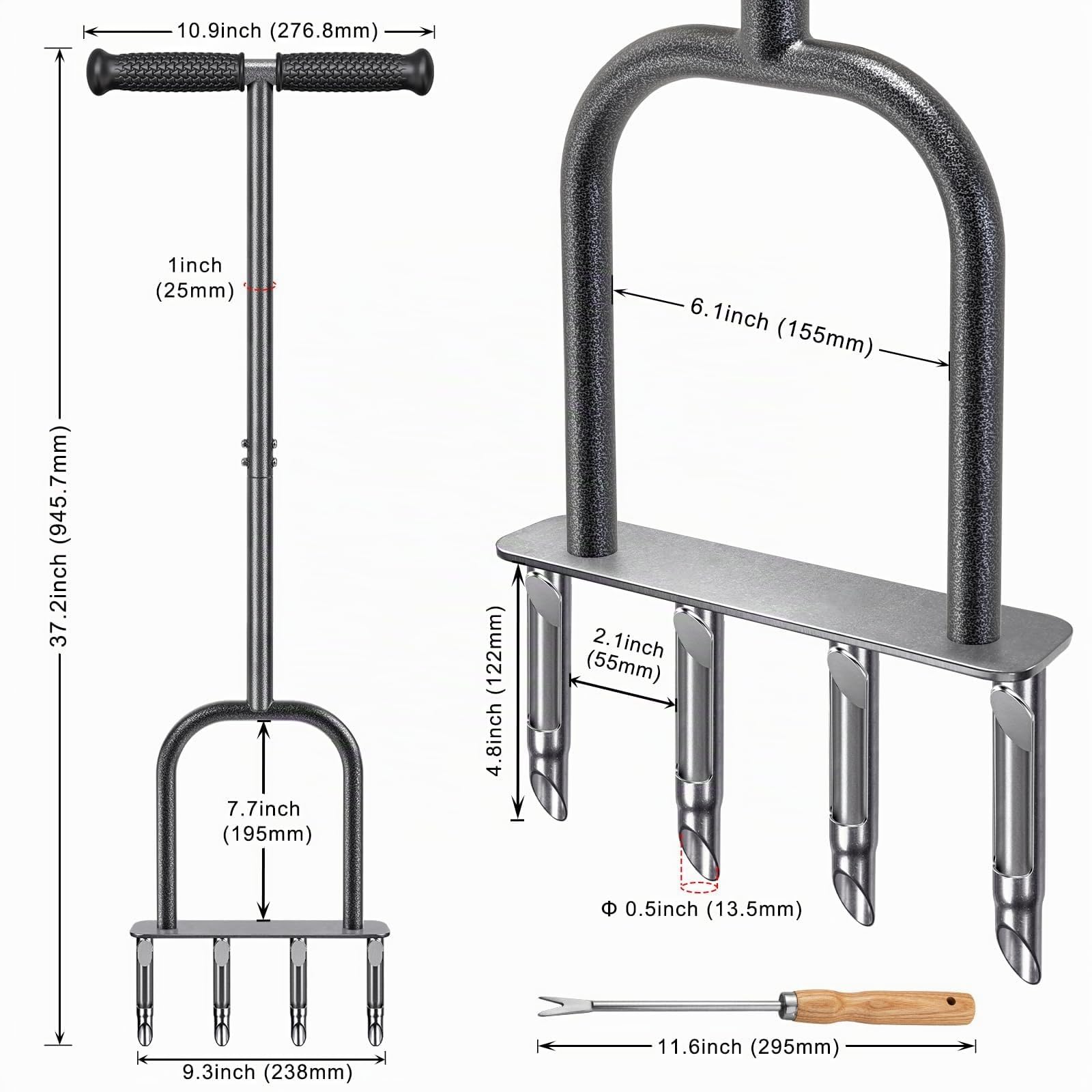 Dolibest Herramienta de aireador manual para césped, aireadores manuales de enchufe de patio con 4 tapones semiabiertos de acero inoxidable, herramienta de aireación manual premontada y herramienta de