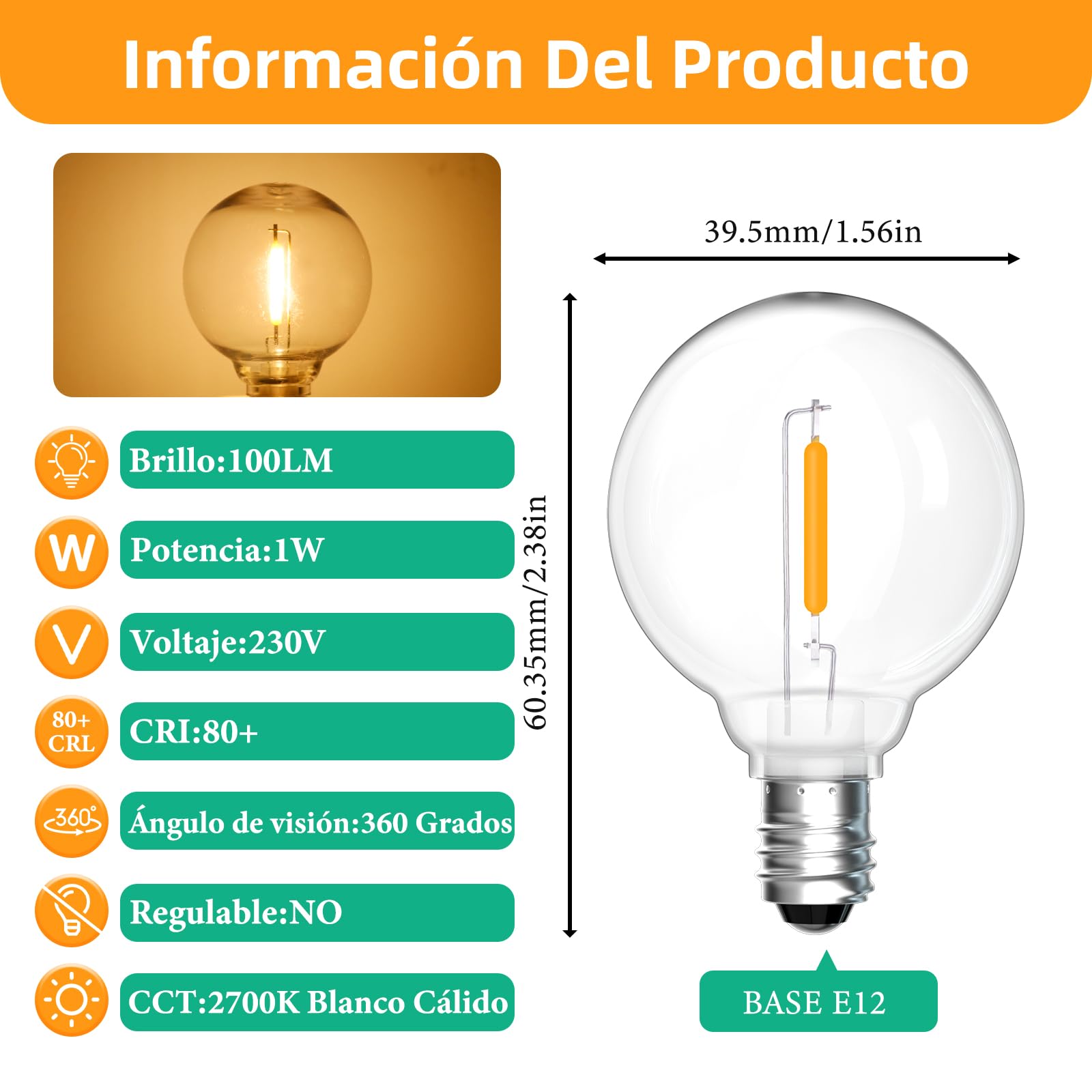 Paquete de 25 Bombillas de Repuesto G40 E12 LED 1W, Blanca Cálida 2700K, Bombilla Filamento G40 LED, 100LM, IP54 Impermeable, No Regulable, Bombilla Edison E12 para guirnalda exterior, jardín, Fiesta