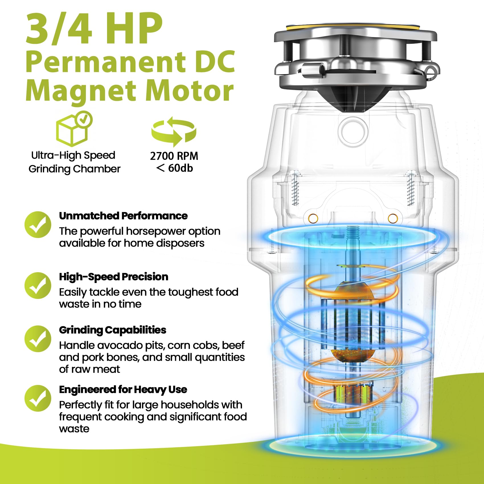 Triturador de basura CC de 3/4 HP silencioso (<60 dB) con cable y conexión para lavavajillas para fregadero de cocina, molienda de 6 etapas, 3 pernos, 2700 RPM, alimentación continua, acero inoxidable