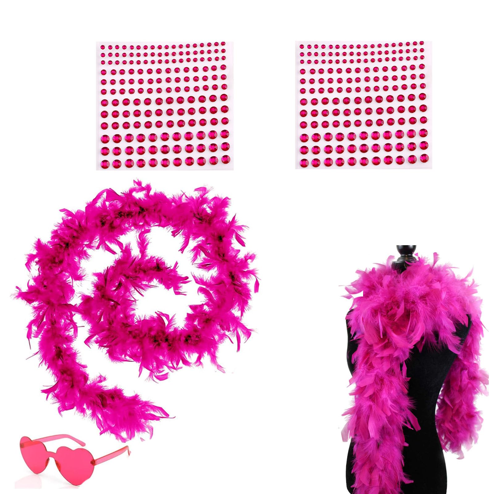 4Pcs Abba Accessories Set, 78.74in Feather Boa, Pink Feather Boa, Feather Bower, Feather Boas Multipack, Suitable For Ladies Dancing, Weddings, Parties, With Heart-Shaped Frameless Sunglasses