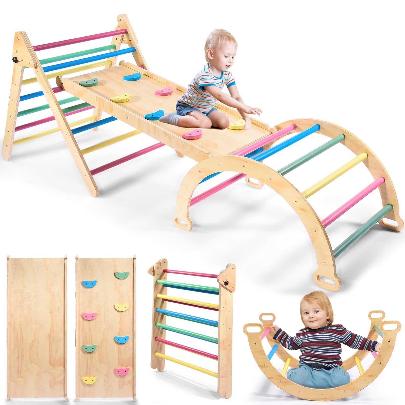 Naxudcoo Montessori Klettergerüst, 5-in-1 kletterdreieck Indoor mit Kletterbogen und Rutsche, Holz Klettergerüst für Kinder ab 1 2 Jahr