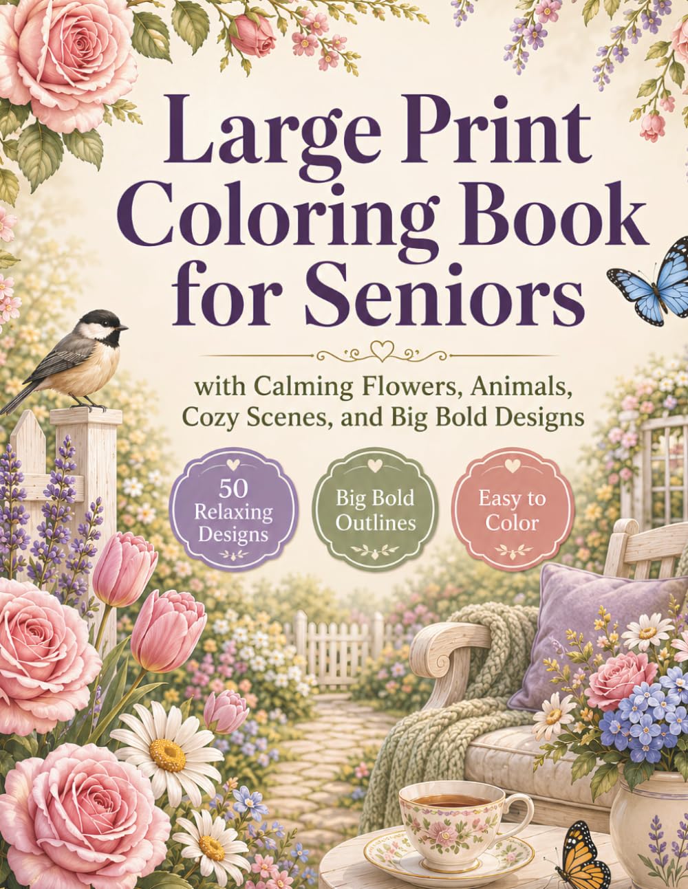 Large Print Coloring Book for Seniors: Simple and Calming Designs of Flowers, Animals, and Familiar Scenes for Easy Stress-Free Coloring with Big Bold Outlines