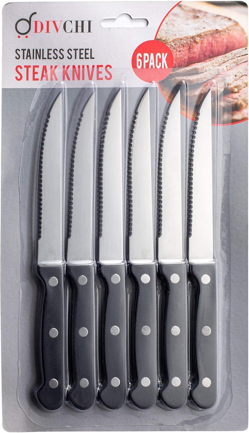 DIVCHI Steak Knives Set of 6 Steak Knife Set Serrated Steak Knives Dishwasher Safe Steak