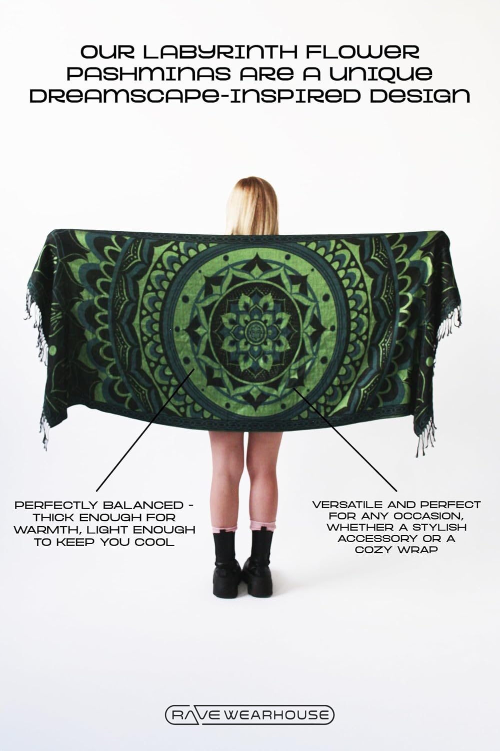 Rave Wearhouse Labyrinth Flower Pashmina Shawl, w/Fringes Womens Scarf, Versatile Wrap for Festivals, Raves, Blankets image 3