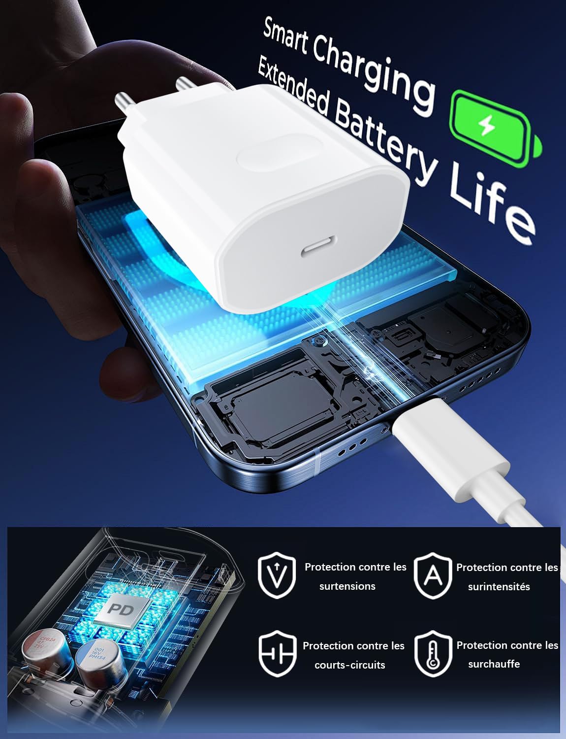 Chargeur USB C Rapide pour iPhone 17/17 Air/17 Pro/17 Pro Max, iPhone 16/15/15 16 Pro Max, Prise Adaptateur Secteur Embout 27 W avec Câble USB-C 2M