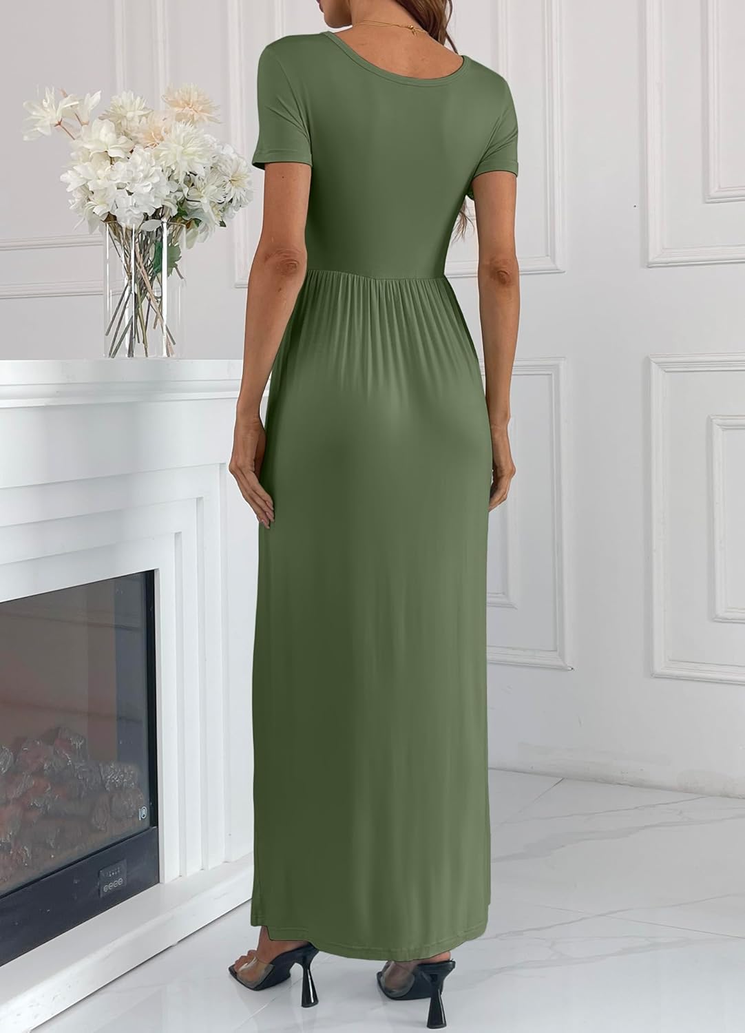 Women's Short Sleeve Loose Plain Long Maxi Casual Dresses with Pockets S Army Green - Image 3