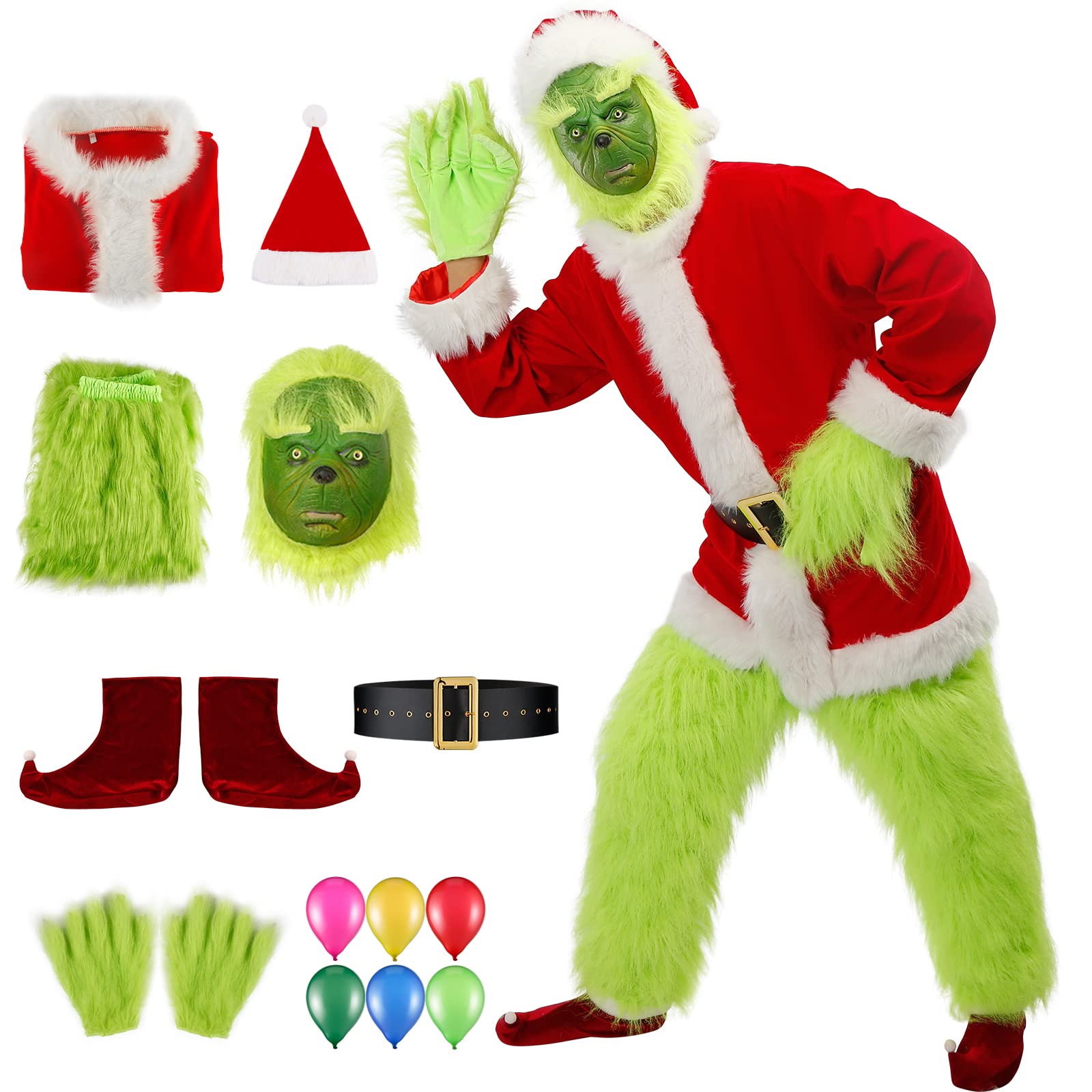 Green Costume Adult, Christmas Green Furry Santa Claus Outfits for Men 8 Pcs Funny Santa Clause Suit