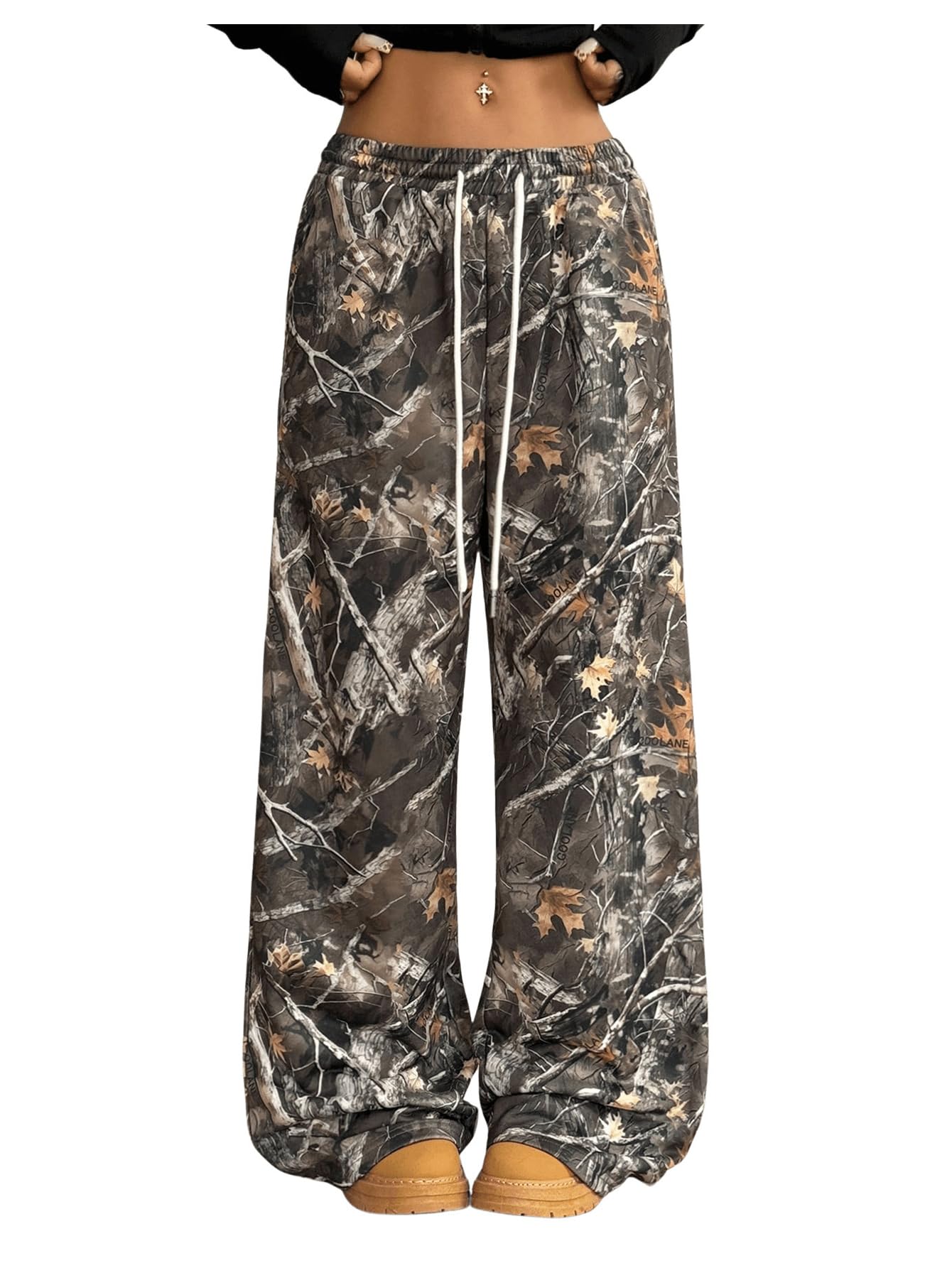 GORGLITTER Womens Camo Baggy Pants Camouflage Wide Leg Drawstring Waist Trousers with Pockets