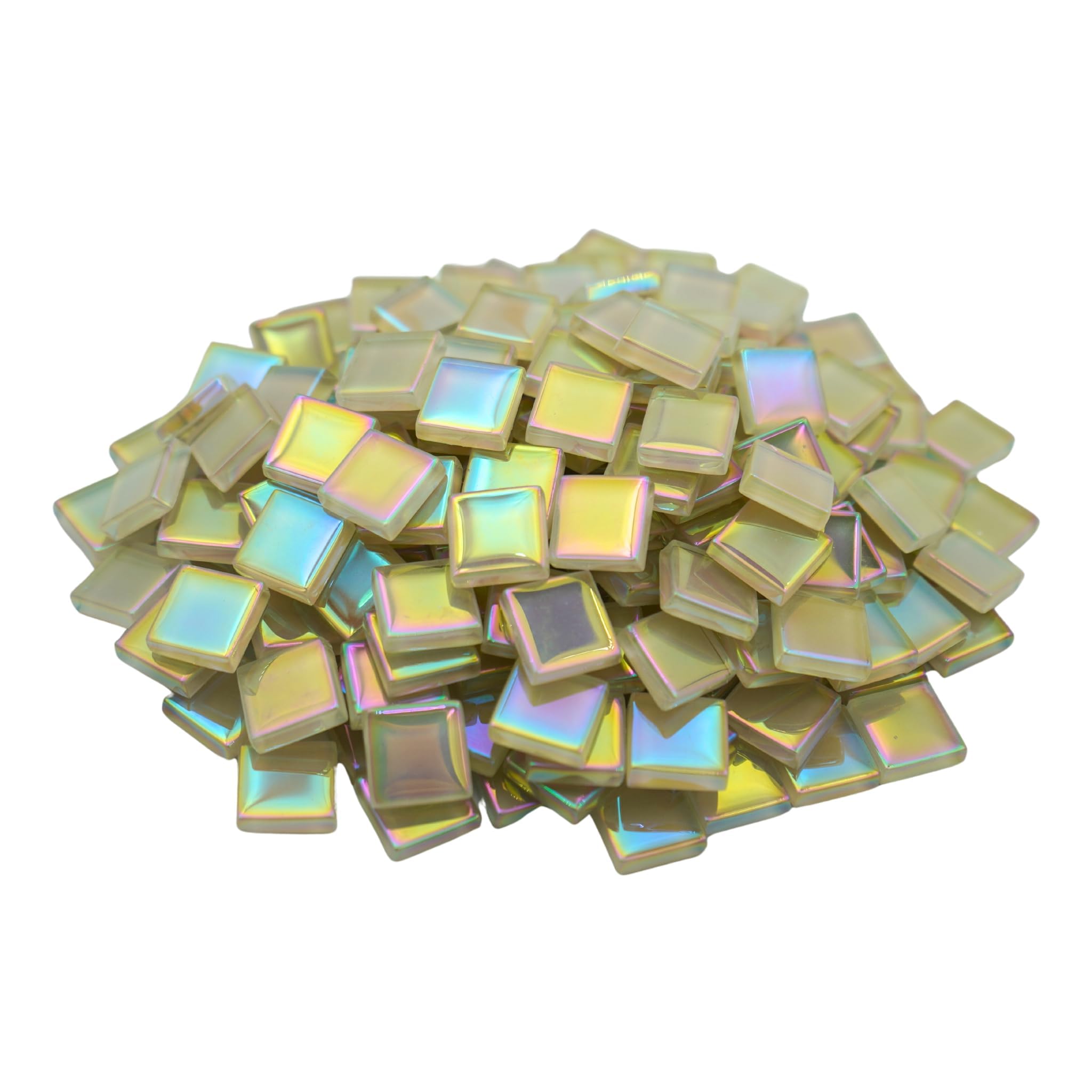 Yuvori Iridescent Square Glass Mosaic Tiles, 0.59inch, 1.1 lbs, DIY, Picture Frames, Bathtubs, Coasters, Vases, Indoor Decor (Khaki)