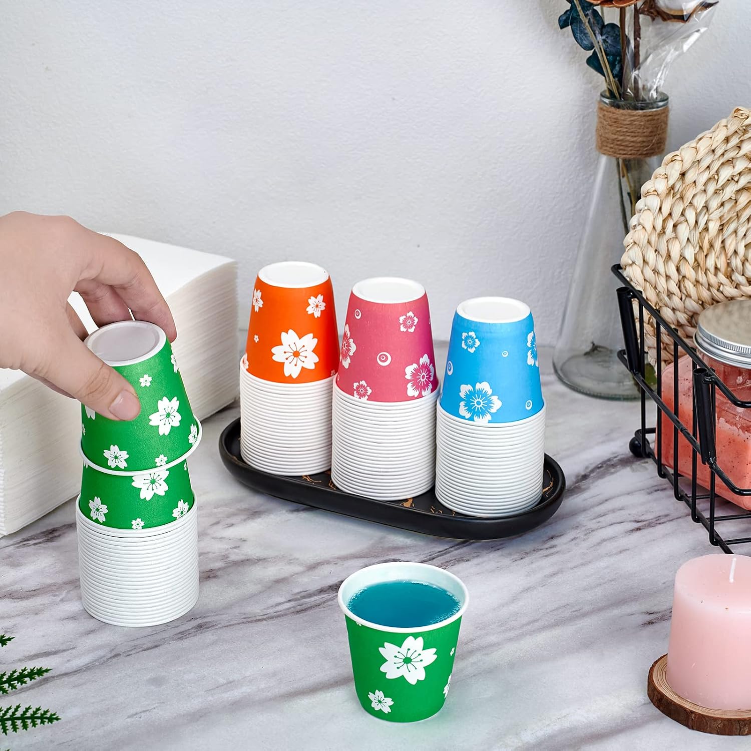 LITOPAK 400 Pack 3 oz Disposable Bathroom Cups, Colorful Small Disposable Paper Cups for Parties, Picnics, Barbecues, Travel and Events