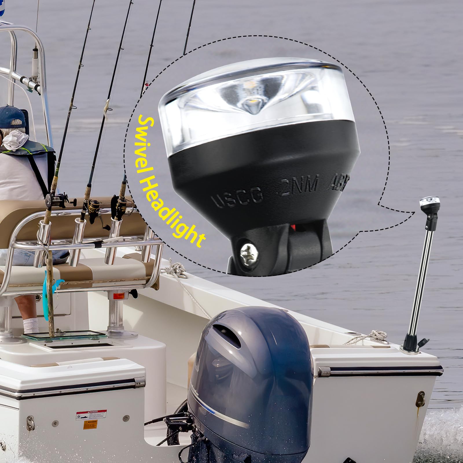 Besramtic Stern Light Boat Anchor Light Marine Navigation lights USCG 2 NM All Round White LED Removable 2 Pin 12 Volts 24 Inches (Stainless steel Cover with plug-in base)