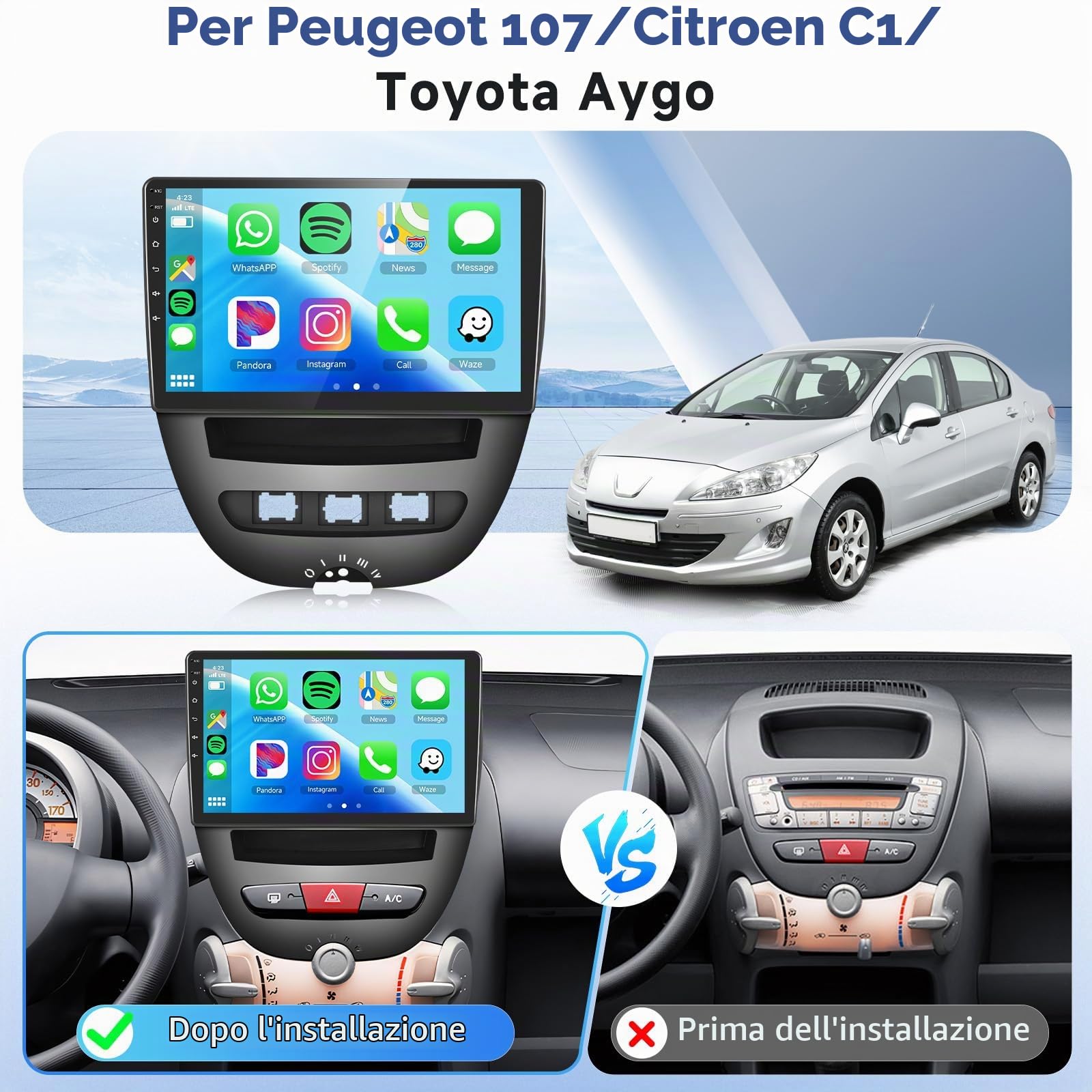 Autoradio Carplay senza fili per Citroen C1/Toyota Aygo/Peugeot 107, Podofo 10.1-Inch Touch Screen Android con Android Auto senza fili, Bluetooth/GPS/WiFi/FM/RDS/HiFi/USB/Controllo al volante