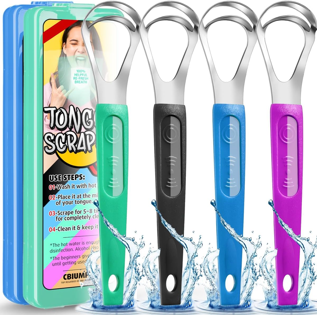 CbiumproTongue Scraper, 4 Pack Medical Grade Metal Stainless Steel Tongue Scraping Tools Kit with Dual Scraping Heads & Antiskid Grip Handle for Adults and Kids - with Case