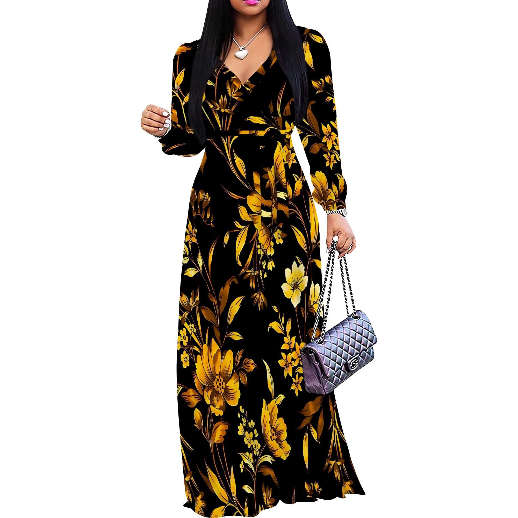 PinkPatty Women's Plus Size V Neck Long Sleeve Wrap Maxi Dress with Belt