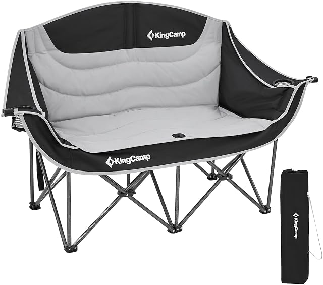 KingCamp Double Camping Chairs for Adults Heavy Duty Camping Chair 2 Seater with Cup Holder and Armrest Oversize Folding Garden Chairs for Camping Picnic Fishing Festival Football Concert