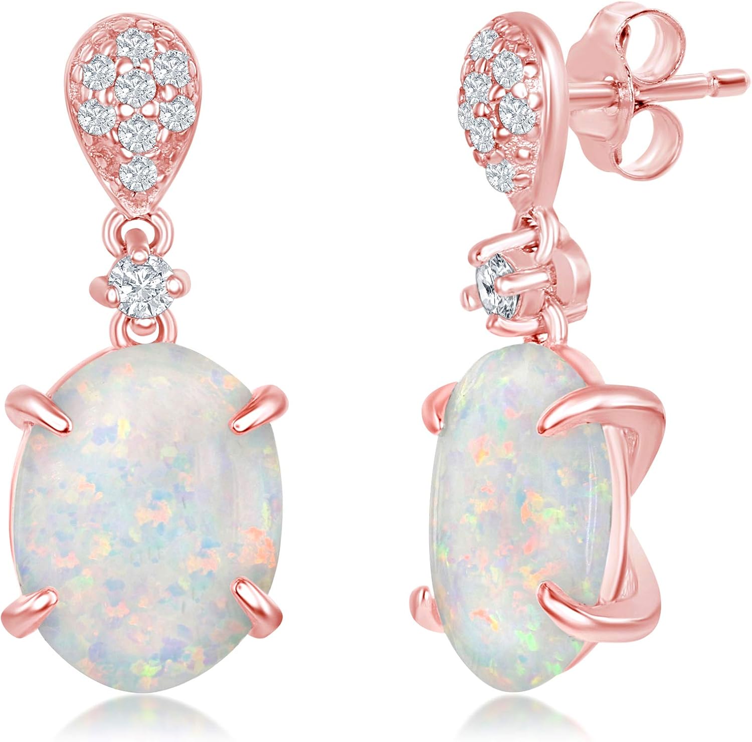 Four-Pronged Created White Opal Silver/14k Rose Gold Sterling Silver Dangling Earrings Jewelry for Women or Teens