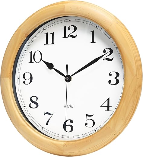 Kesin Wooden Wall Clocks 14 Inch Silent Wall Clock Large Decorative Battery Operated Non Ticking Analog Modern Clock for Living Room Kitchen Bedroom, Natural Grain