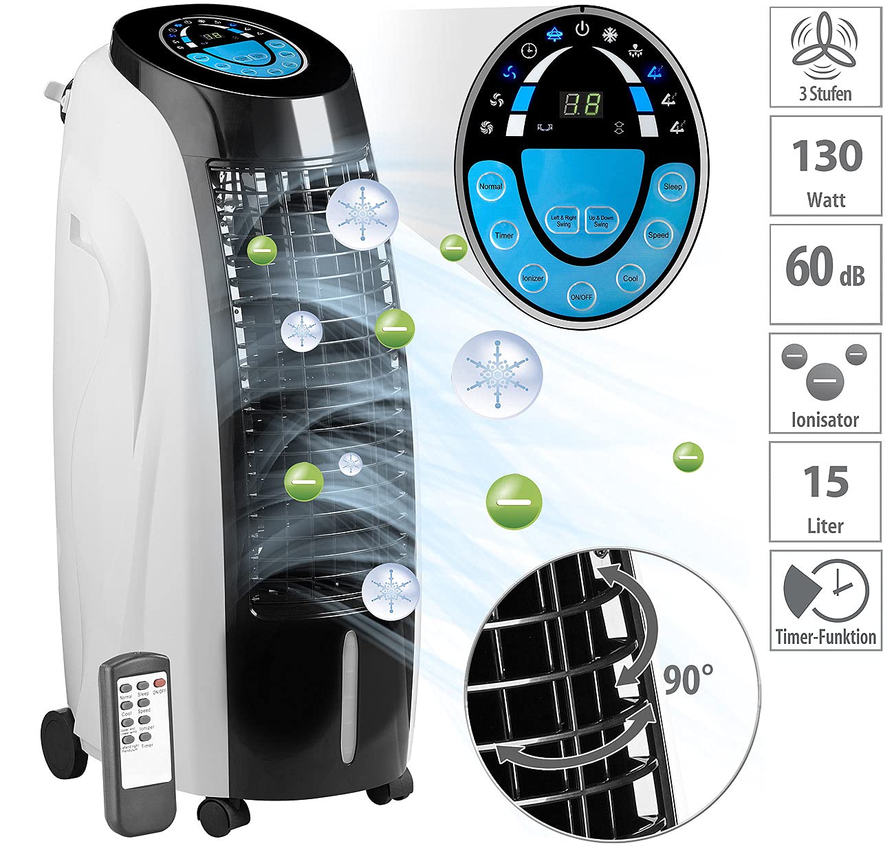 Sichler Haushaltsgeräte Verdunstungskühler 3in1-Luftkühler 15 l 130 W 800 ml/h