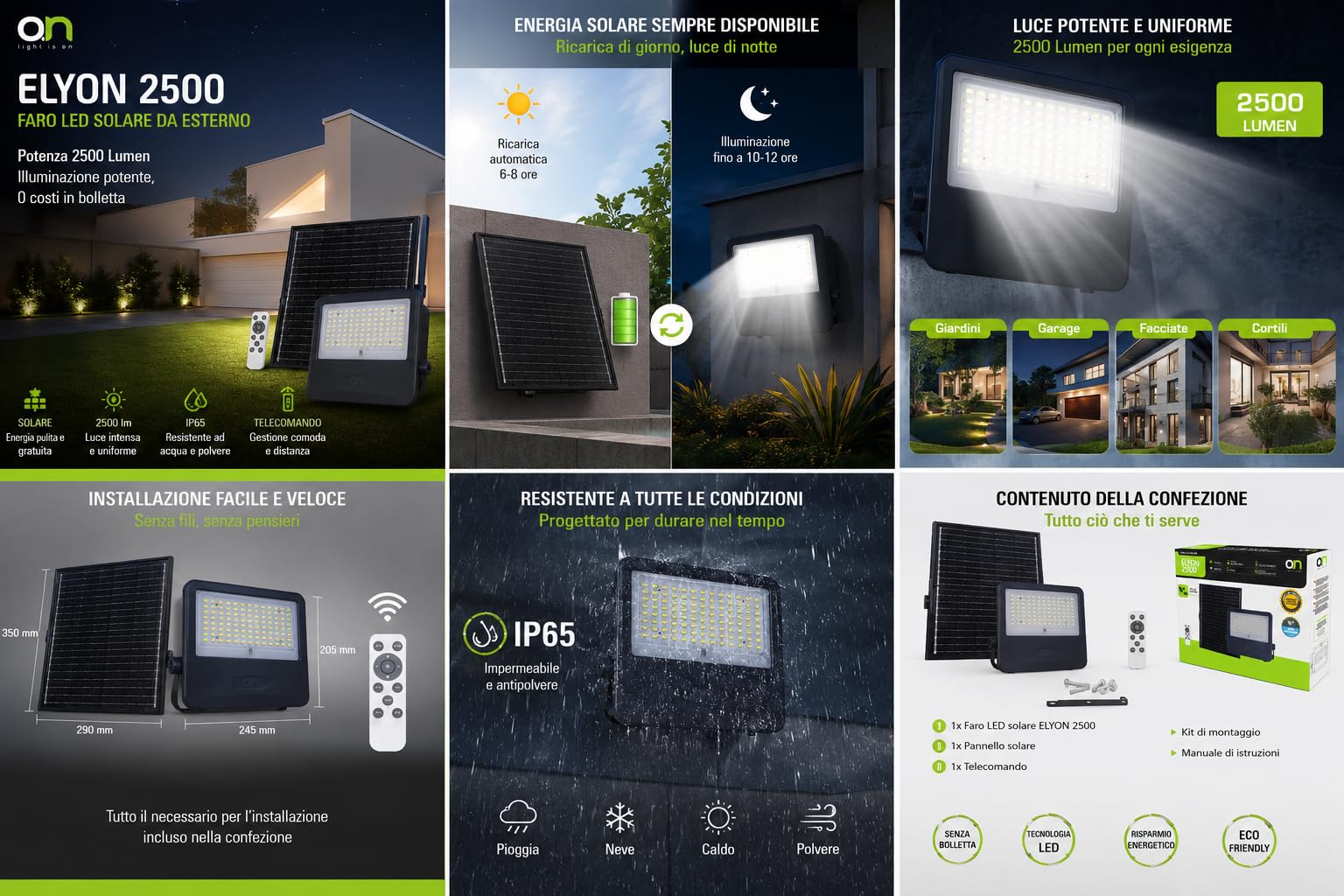 O.n ELYON 2500 Faro LED Solare da Esterno 2500 lm con Pannello Monocristallino 20W, IP65, 4000K, Telecomando, Timer, Batteria LiFePO, Parete