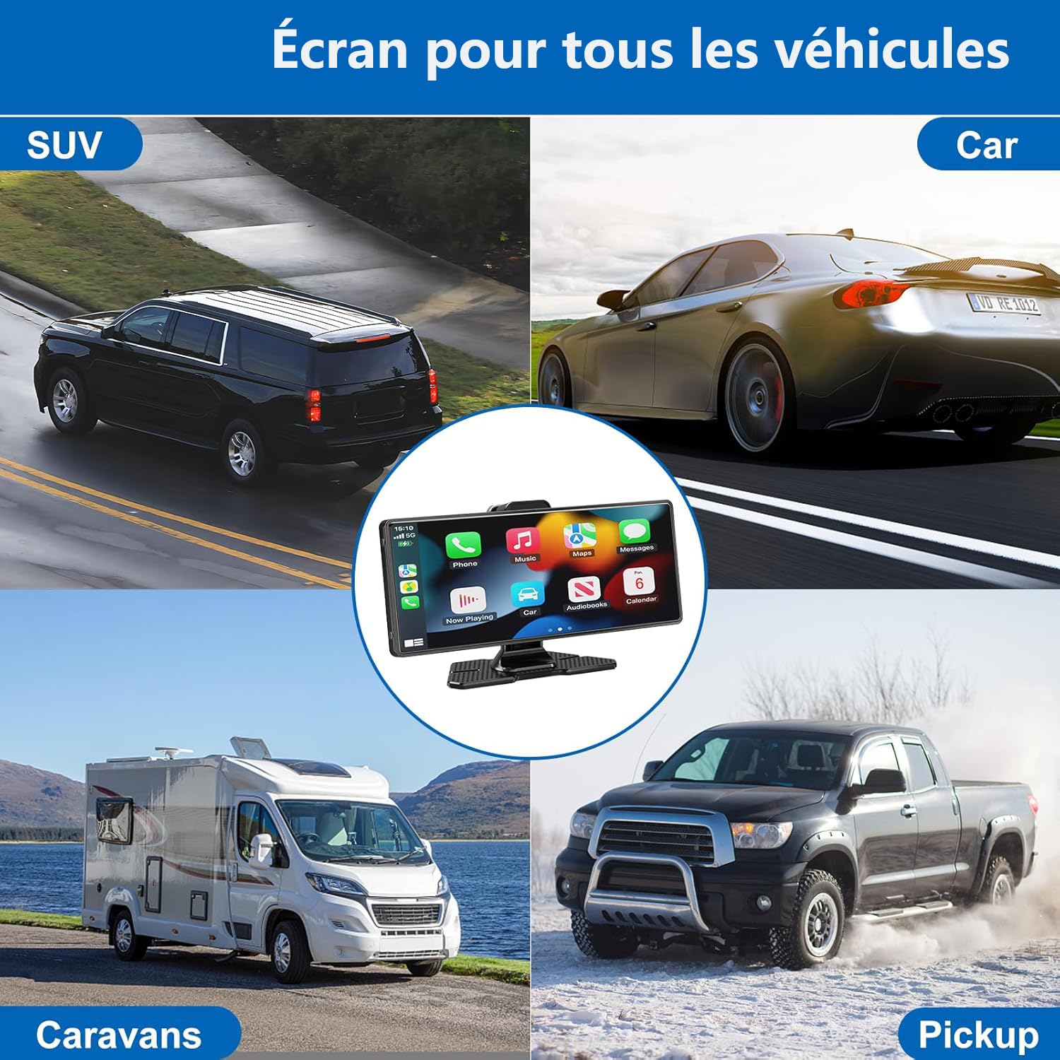Écran CarPlay Portable sans Fil pour Voiture, 10,26 Pouces, CarPlay et Android Auto, stéréo Tactile pour Voiture, avec caméra de Tableau de Bord 4K, caméra de recul, Bluetooth, Navigation GPS