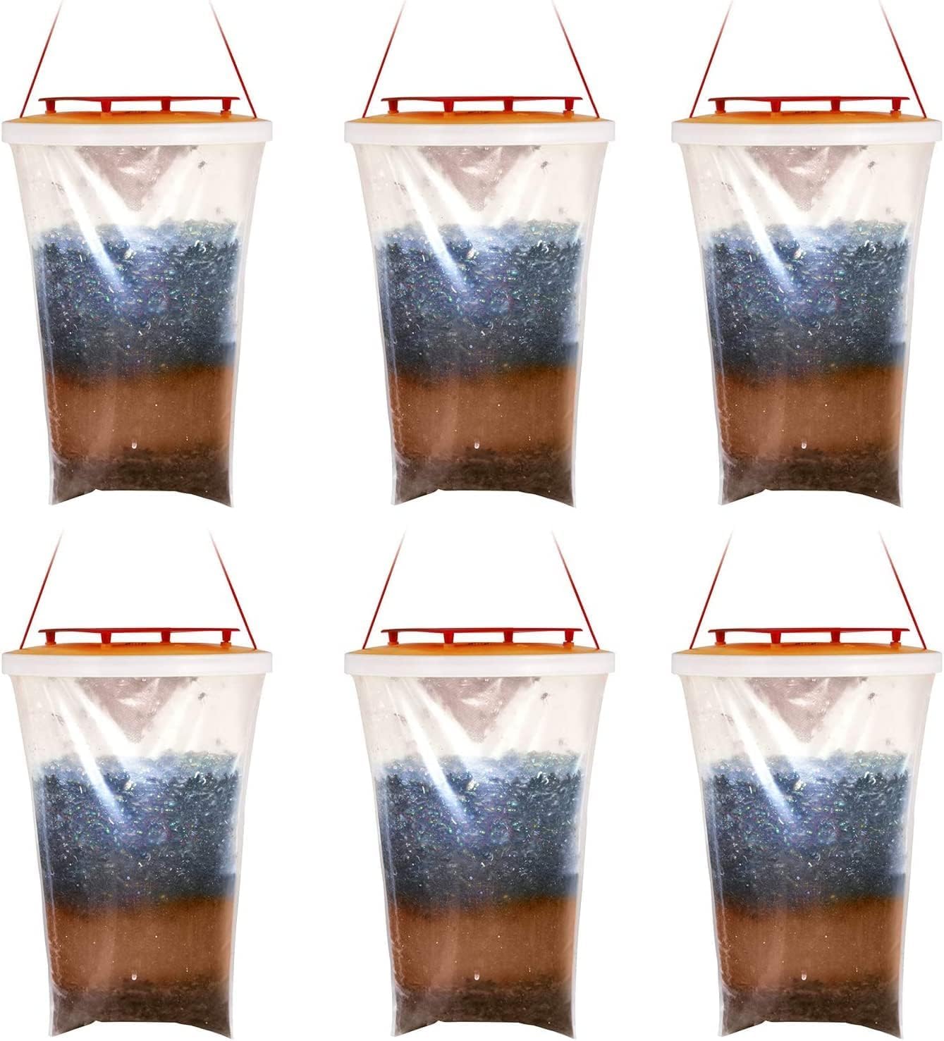 6 Pack Disposable Hanging Fly Trap Bag, Transparent Plastic Outdoor Fly Catcher with Attractant Bait for Farm Barn Courtyard Garden Use