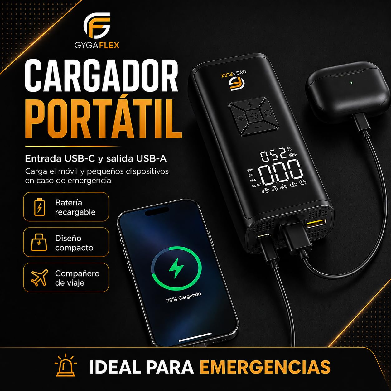 Inflador Ruedas Coche 30L/Min, Compresor Aire Portátil 150 PSI/10,3 Bar, Batería Recargable y Cable 12V 3M, Manómetro Digital, Apagado Automático, LED SOS, para Coche Moto Bicicleta Pelotas