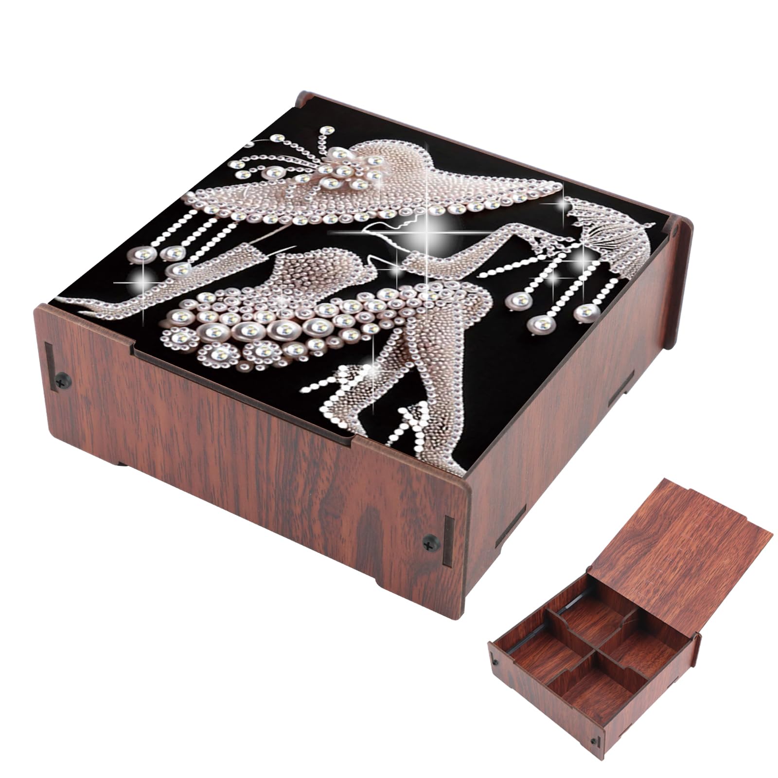AiYuanzsh DIY Diamond Art Storage Box with Flip-Top Lid, White Pearl Lady Design Wooden Diamond Painting Organizer with 4 Divided Compartments, Portable Desktop Craft Storage for Accessories Supplies