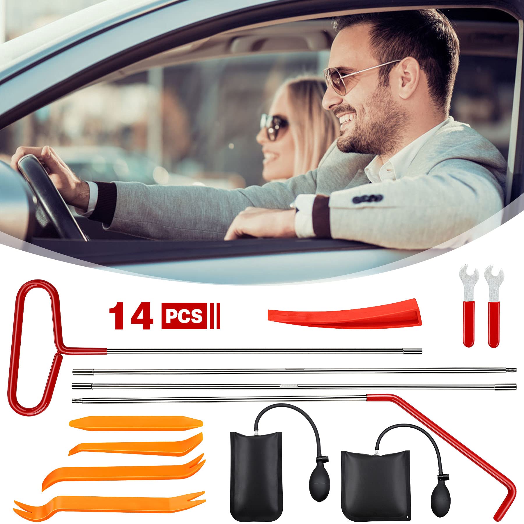 Car Tool Kit, 14 Pcs Professional Long Reach Tool with Pollution Free Air Wedge Pump, Non Marring Wedge and Carrying Bag Emergency Car Kit Tool Sets for Automotive Cars Trucks Vehicles