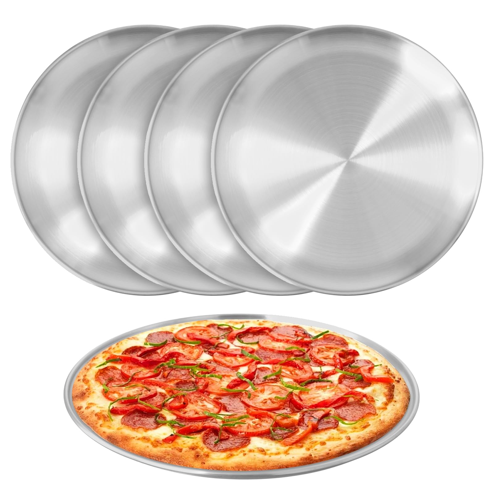 SINJEUN 5 PCS 30 cm Stainless Steel Dinner Plates, Silver Serving Plates Round Metal Dinner Tray for Camping, Eating, BBQ, Steak, Salad