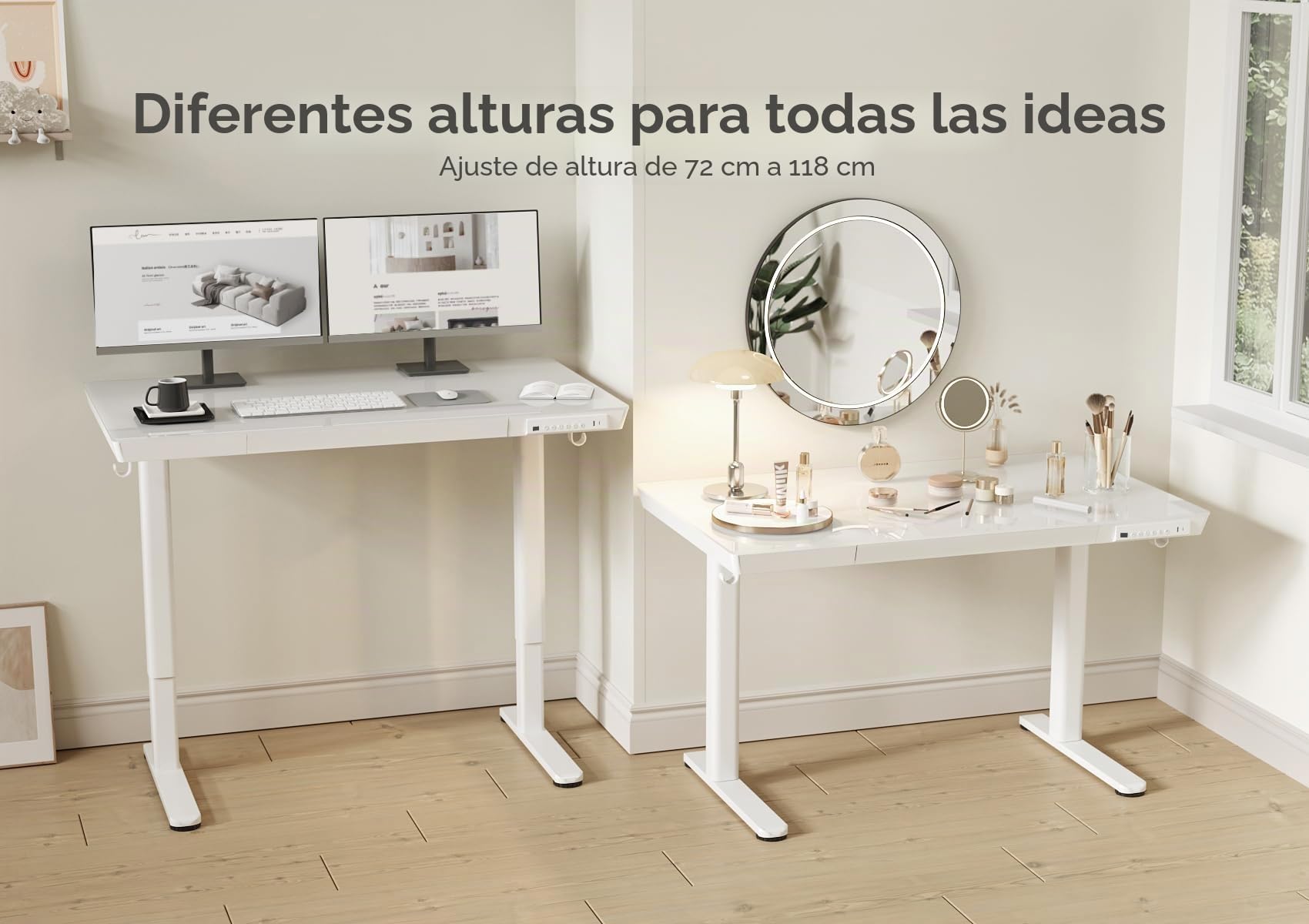 Claiks Escritorio de Altura Regulable con Tablero de Cristal de una Pieza Escritorio eléctrico con cajón, Mesa de Ordenador con función de Memoria y protección contra colisiones (Blanco, 120 x 60 cm)