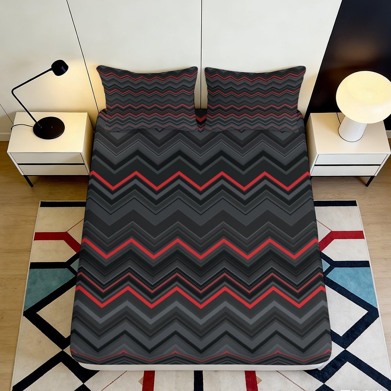 3D Printed Black Red Chevron Fitted Sheet Microfiber Soft Bed Cover Geometric Mattress Protector for Bedroom Dorm 90x200x25cm
