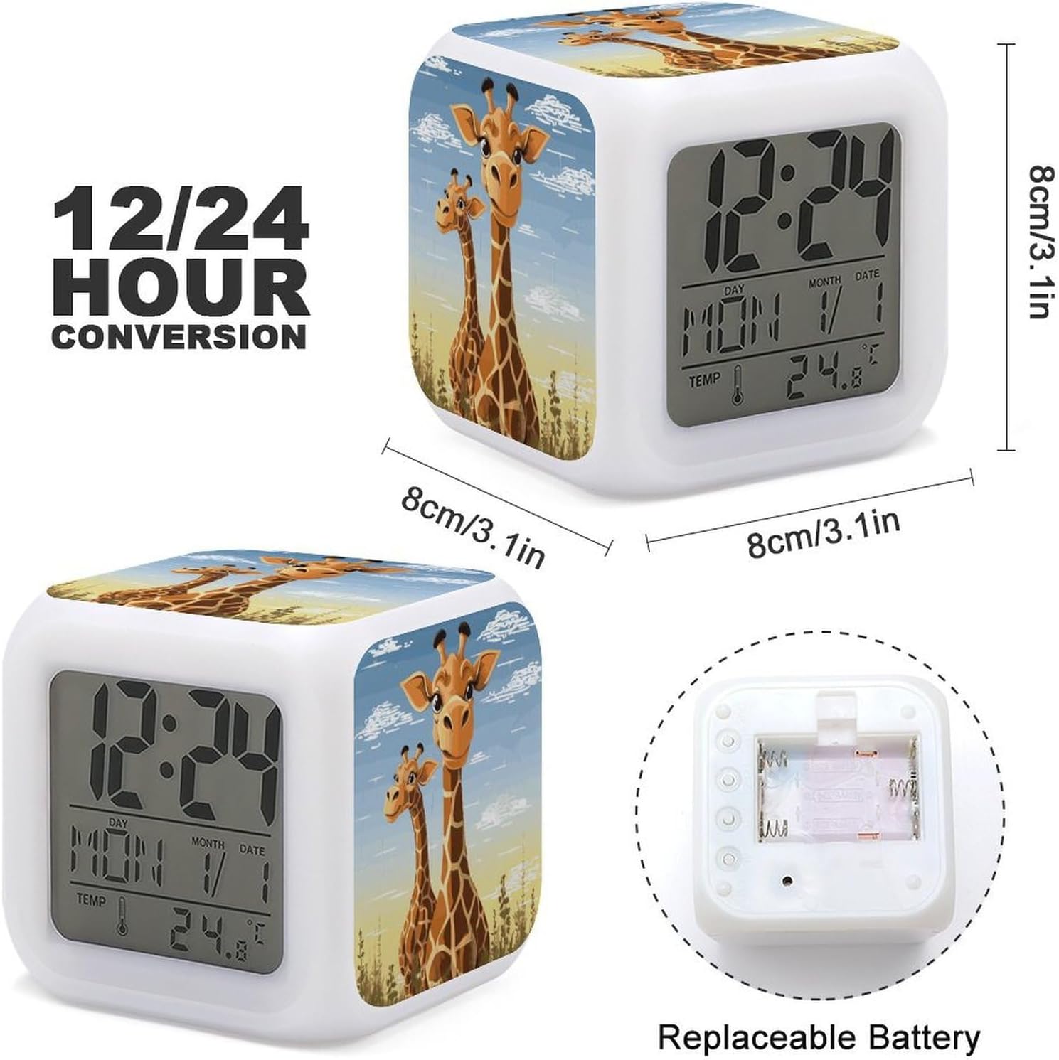 Giraffe Digital Alarm Clock for Bedroom, Cube Clocks with 7 Color Changing Night Light Battery Operated Small Alarm Clock,Bedside Wake Up Clock with Date, Temperature image 2