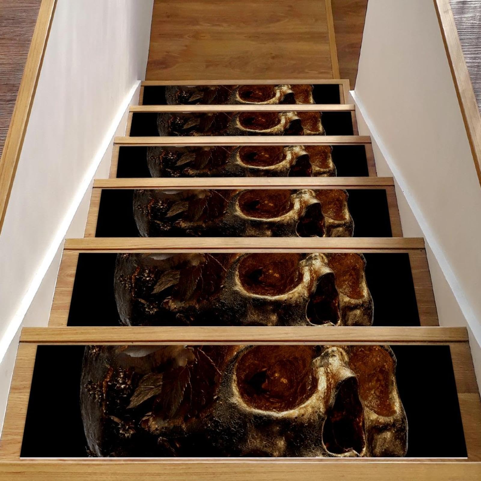 Lot de 15 marches d'escalier antidérapantes à motif tête de mort rose dorée