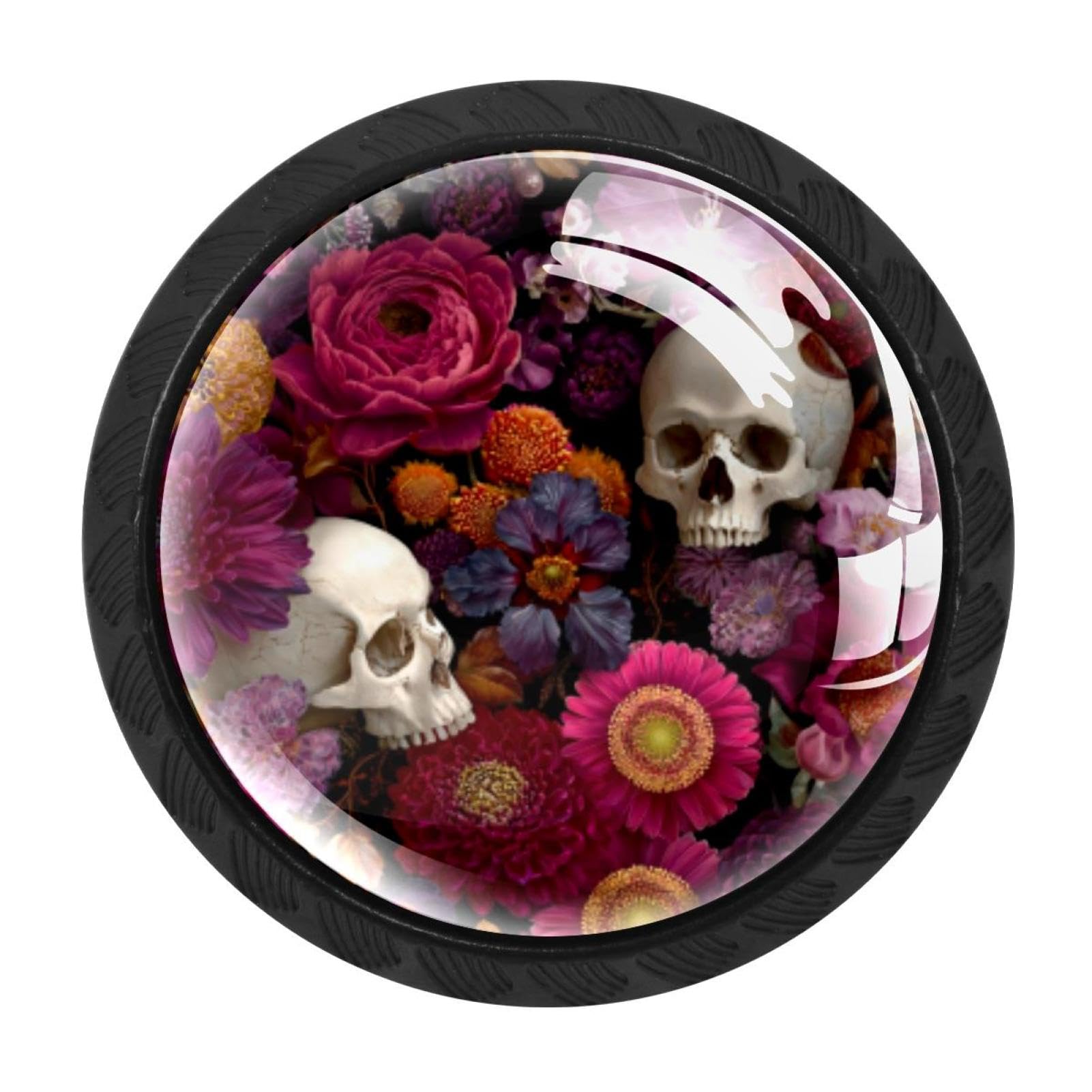 CHENZZZZ 4 Pack Black Flowers and Skulls Kitchen Handles, Cabinet Pulls Hardware for Cupboard Drawer Knobs Dresser Pulls