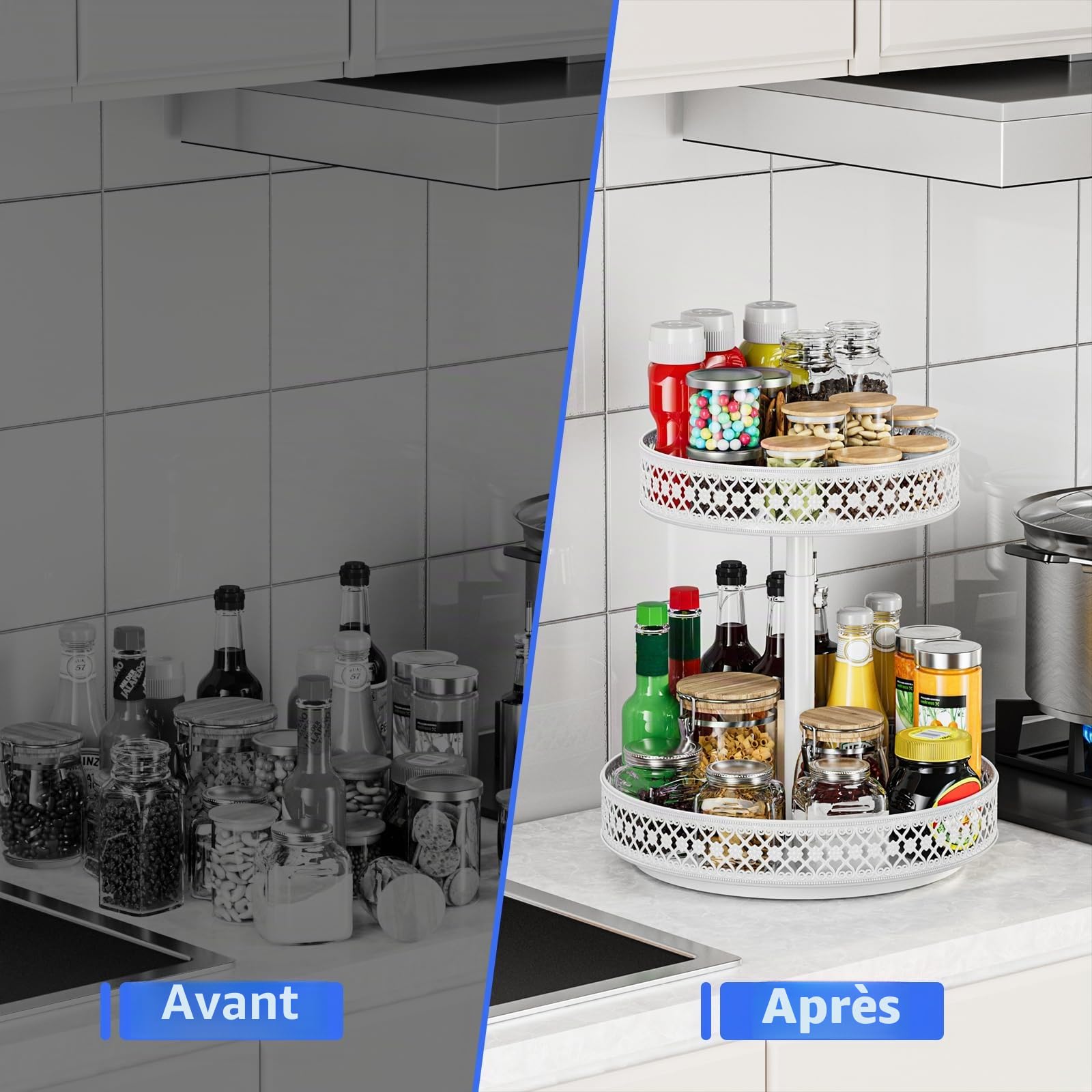 Plateau tournant, organiseur à 2 niveaux – 30,5 cm, réglable en métal pour armoire, garde-manger, cuisine, comptoir, table à manger, placard, salle de bain, meuble de rangement, blanc