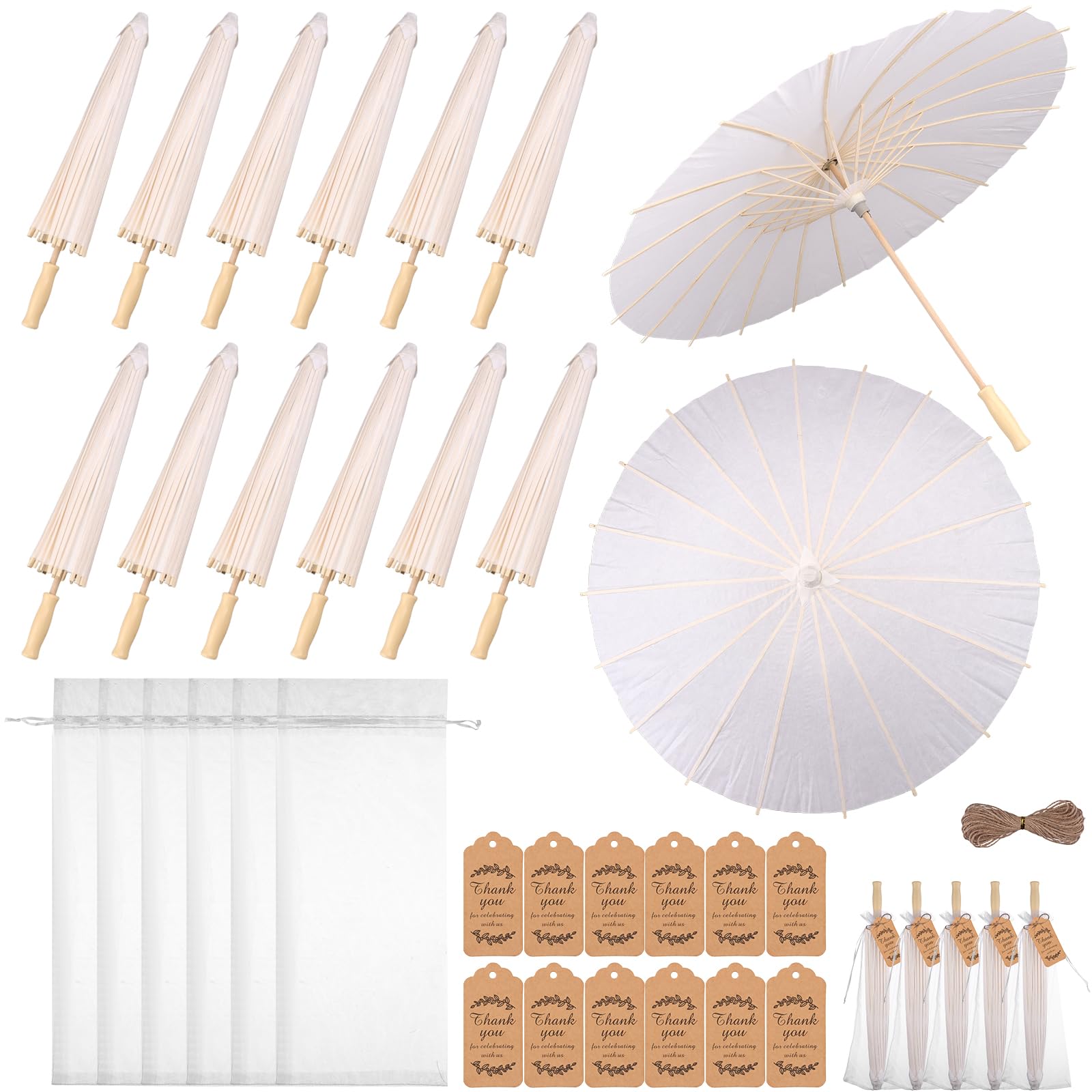 60cm Wedding Paper Parasol Umbrellas Set Thank You Cards White Drawstring Bag Favors Chinese Japanese Umbrella DIY Oiled Paper Painting Parasol for Photography Props Bridal Decor