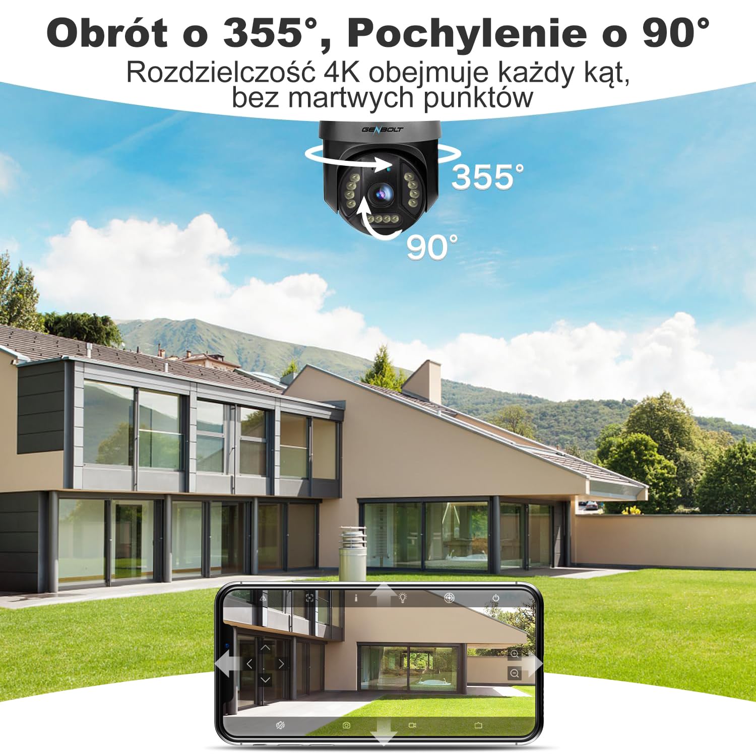 GENBOLT 4K PoE Kamera WIFI,8MP 2.4&5GHz Zewnętrzna CCTV | Wykrywanie Osób/Pojazdów, Nagrywanie 24/7, Auto Śledzenie, Noktowizja Kolorowa