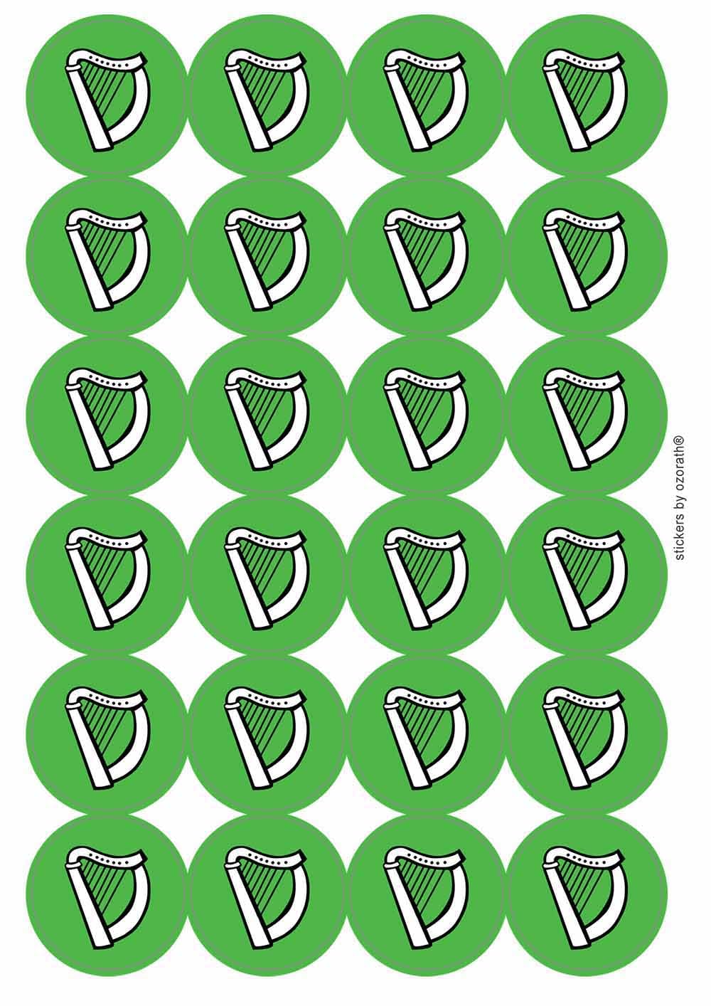 Ireland Celtic Harp Éire Irish Flag Circular Matt Paper Stickers A4 Sheet of 24 (Each Sticker is 45mm Diameter)