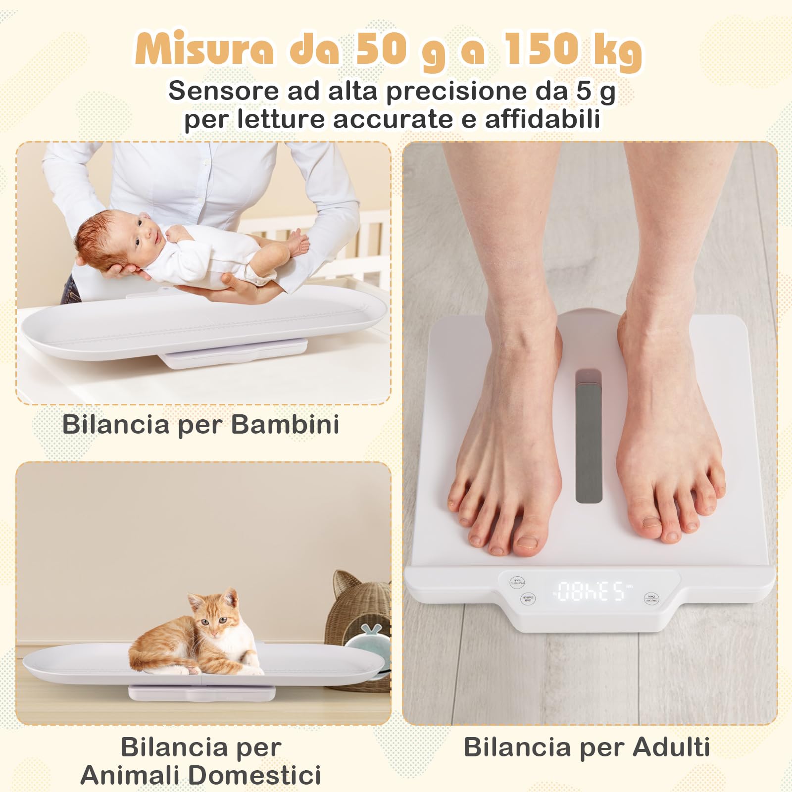 RELAX4LIFE Bilancia Multifunzionale per Neonati con Vassoio, 3 Unità di Misura, Display Intelligente, Spegnimento Automatico, Bilancia per Bambini Staccabile con Piedini, Portata Massima 150 kg