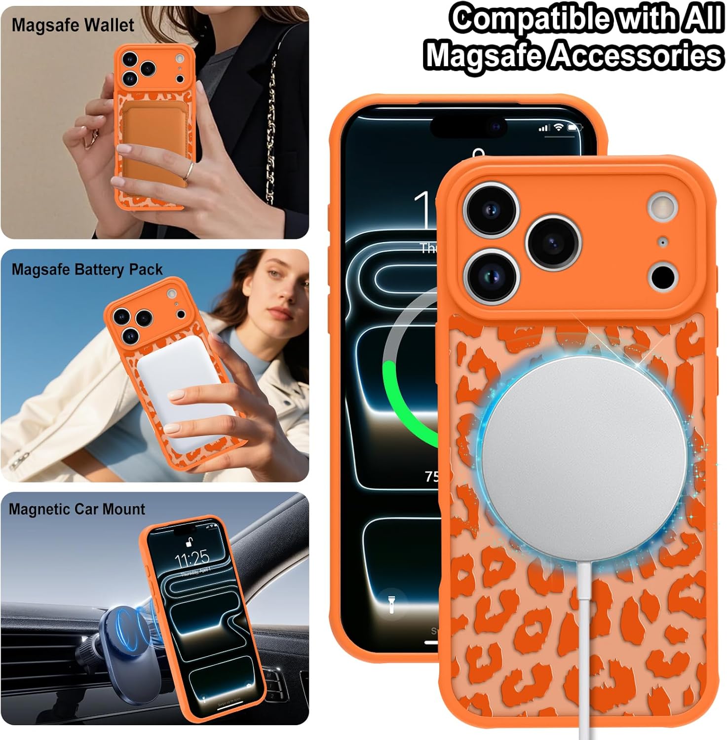 MOWIME Magnetic for iPhone 17 Pro Case [Compatible with MagSafe] Cute Fashion Orange Leopard Print Translucent Matte Hard Back Shockproof Anti-Scratch Phone Case-Orange