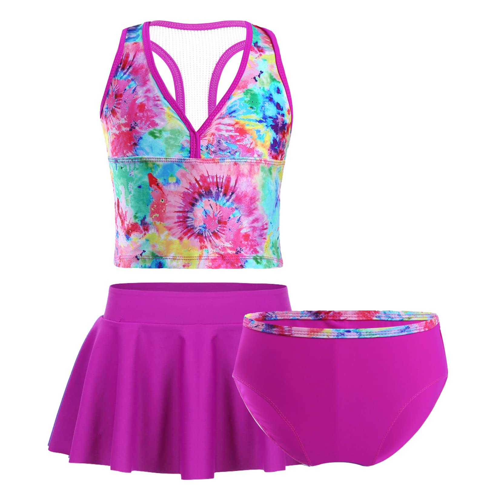 dPois 3pcs Traje de Baño Niña Chica Bañador Estampado Flor Tankini Conjunto Ropa de Baño Playa Natación Vacaciones Verano Camiseta sin Manga + Falda + Braguitas