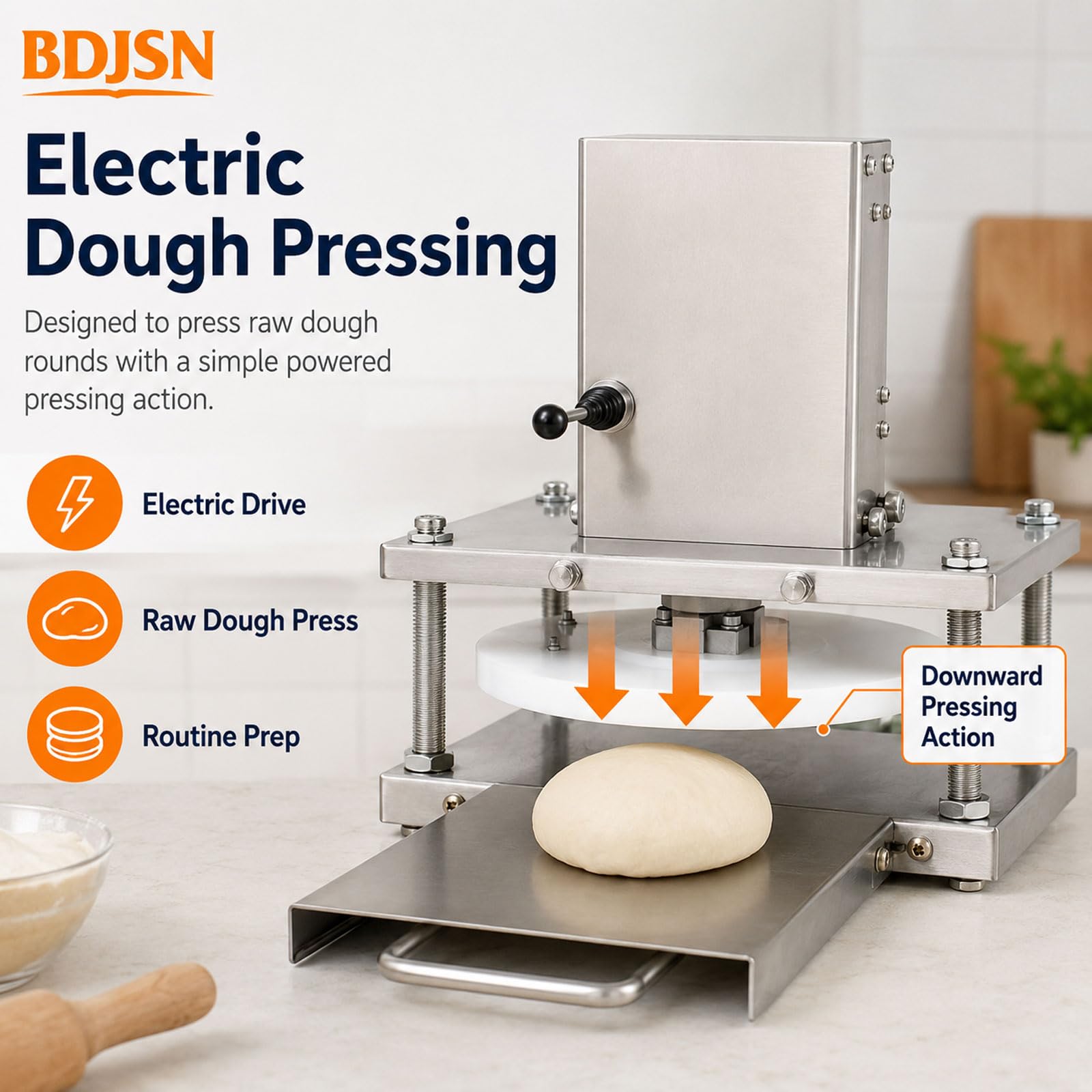 Elektrische Teigpresse, 22 Cm Gewerbliche Teigpressmaschine Mit 2000 N Presskraft, Edelstahl-presse Für Pizza, Tortilla Und Fladenbrot, Ohne Heizfunktion