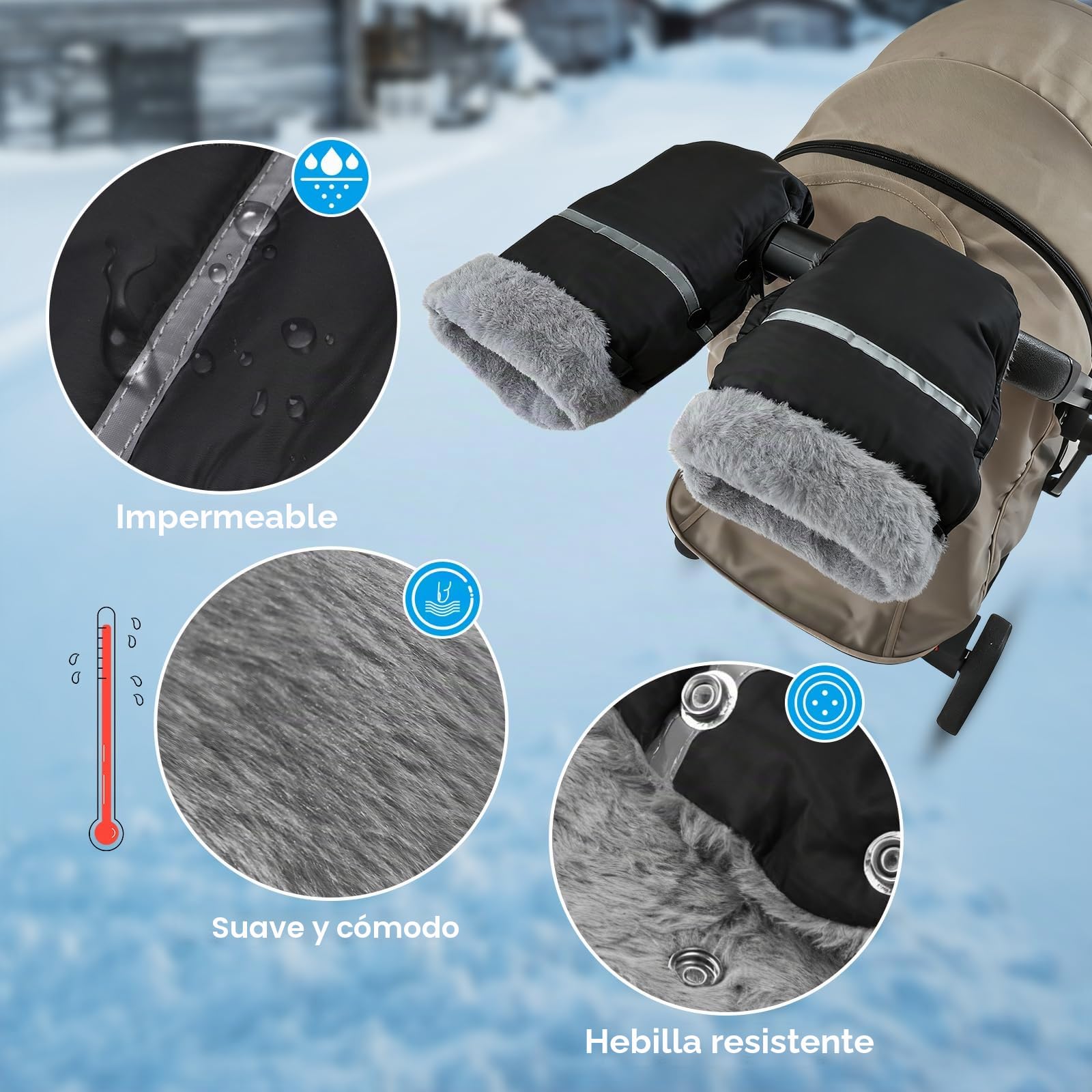 WD&CD Guantes de Silla para Paseo, Guantes Calientes para Cochecito, Guantes de Cochecito de Anticongelantes Impermeables Gruesos, Guantes Carro Bebe Invierno, Cálidos para Todos los Cochecitos, Negro