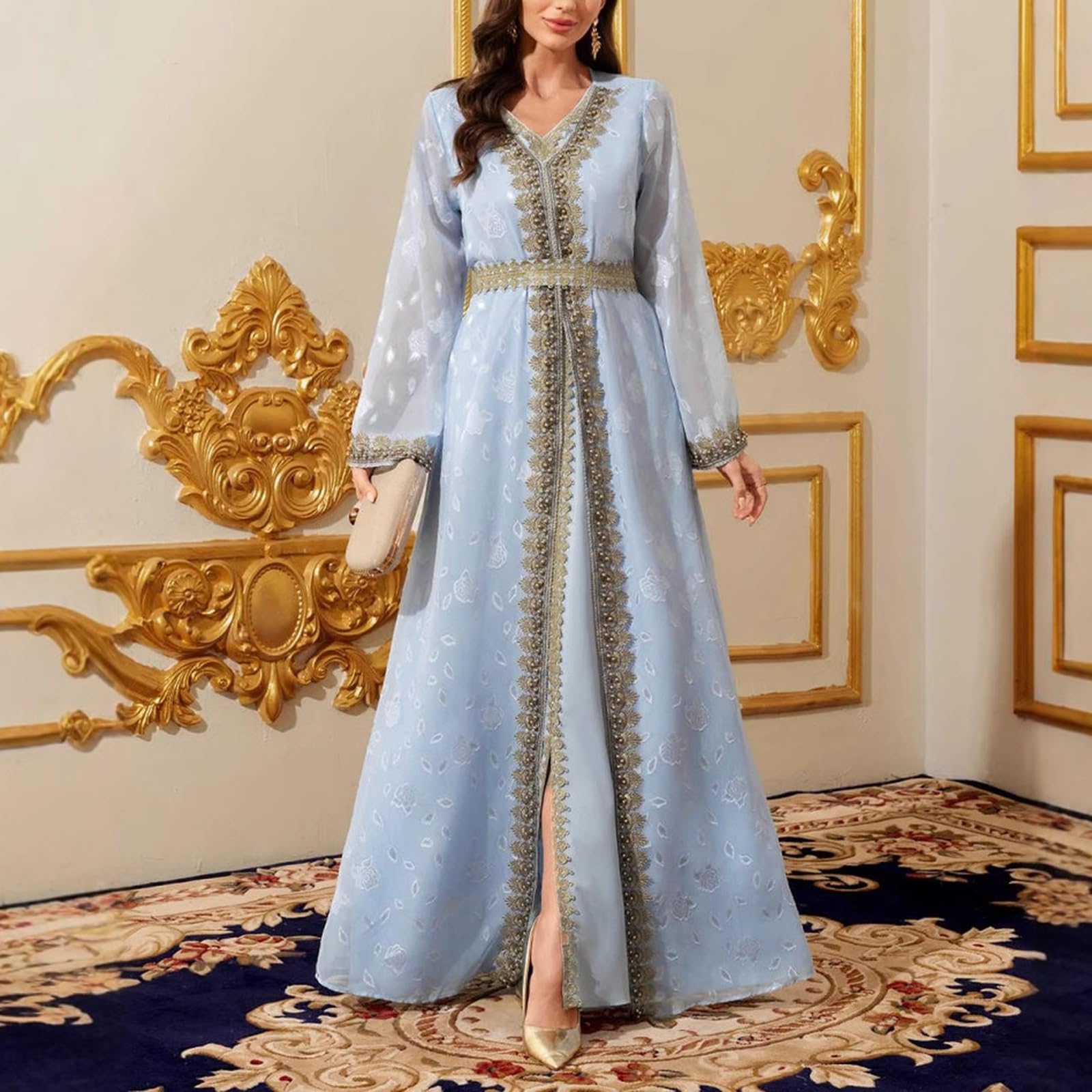 Abito Lungo Azzurro con Stampa, Scollo A V, Bordato in Pizzo, Cintura e Polsini Ricamati, Lacci in Vita sul Retro, per Occasioni di Festa