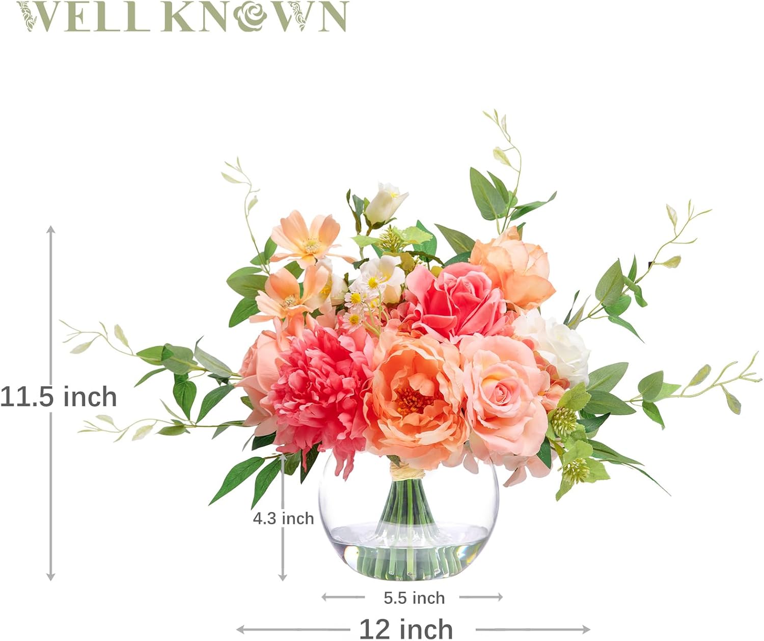 Artificial Flowers in Vase with Fake Water, Silk Peony Rose Flowers Bouquet with Glass Vase for Thanksgiving Party Birthday Wedding Dinning Table Centerpieces Office Decor & Gift (Coral & Peach Plus) - Image 5